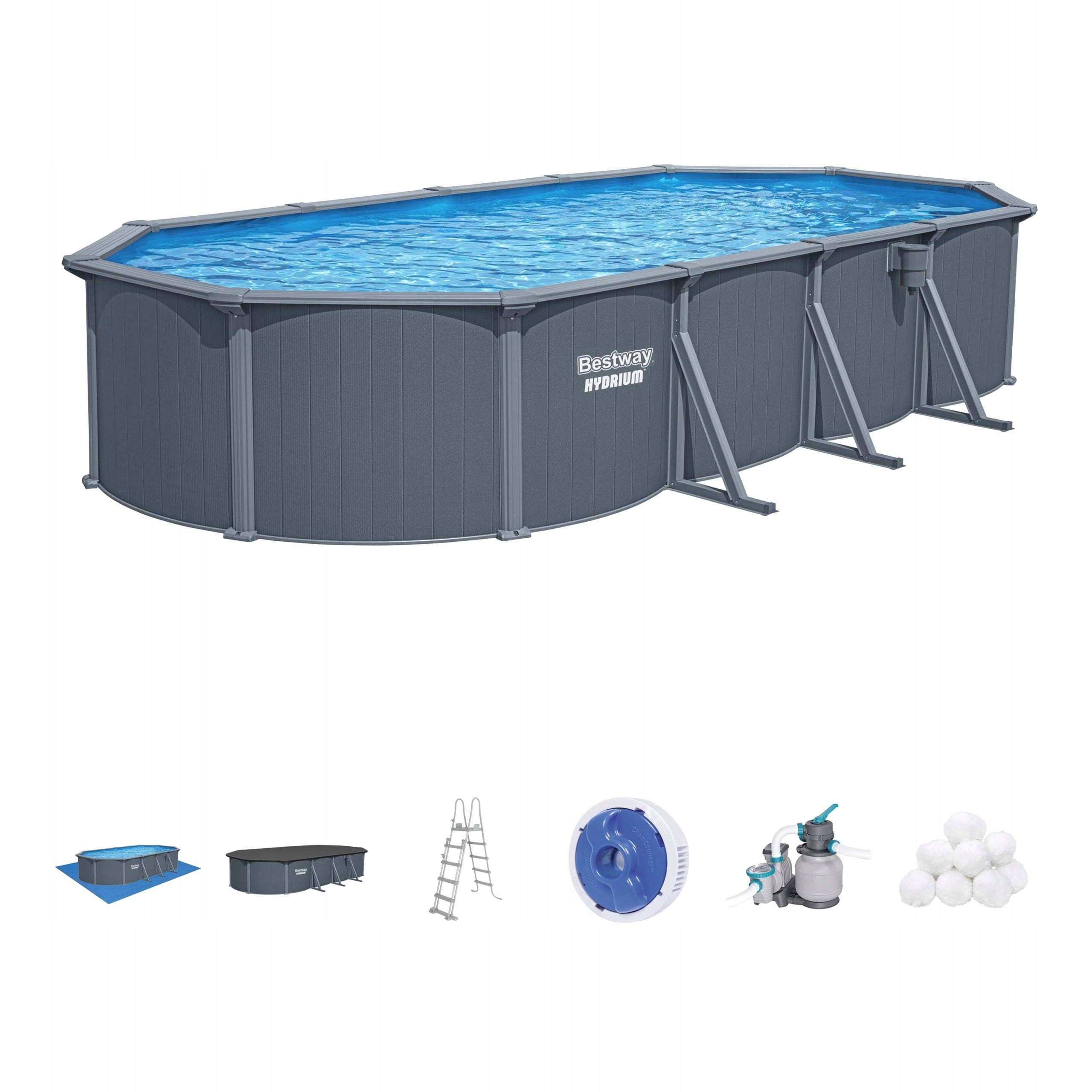 Garden Pool Steel Hydrium 7,3x3,6x1,3m + Ladder Pump BESTWAY 561CW Packaging status original