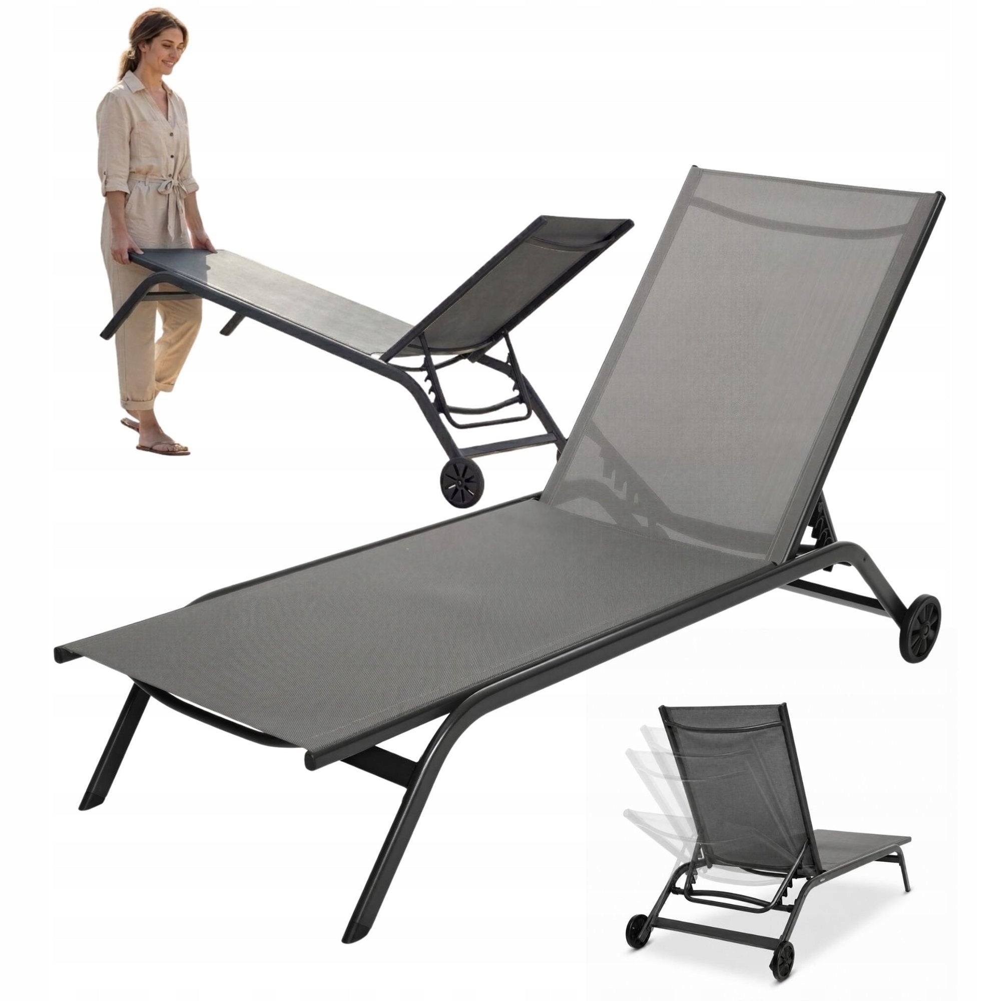 Garden Sun Lounger Aluminum Adjustable Sun Lounger with Wheels 120 kg Textilene