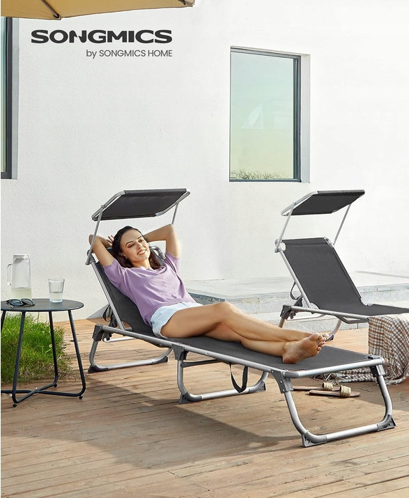 Garden Sun Lounger Folding Baseball Aluminum Grey Adjustable songmics Seat material fabric