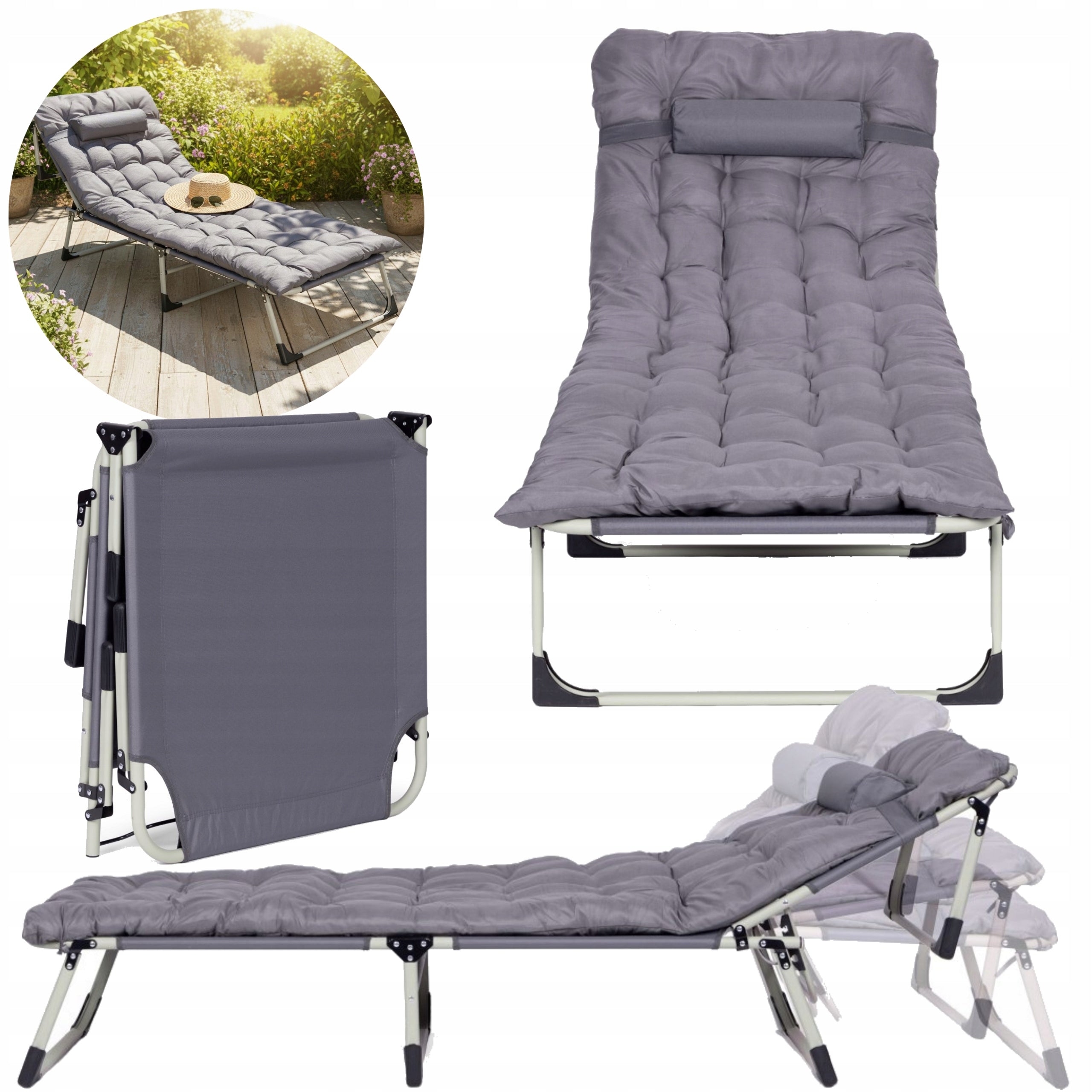 Garden Sun Lounger Folding Fishing With Mattress Cushion Adjustable Grey