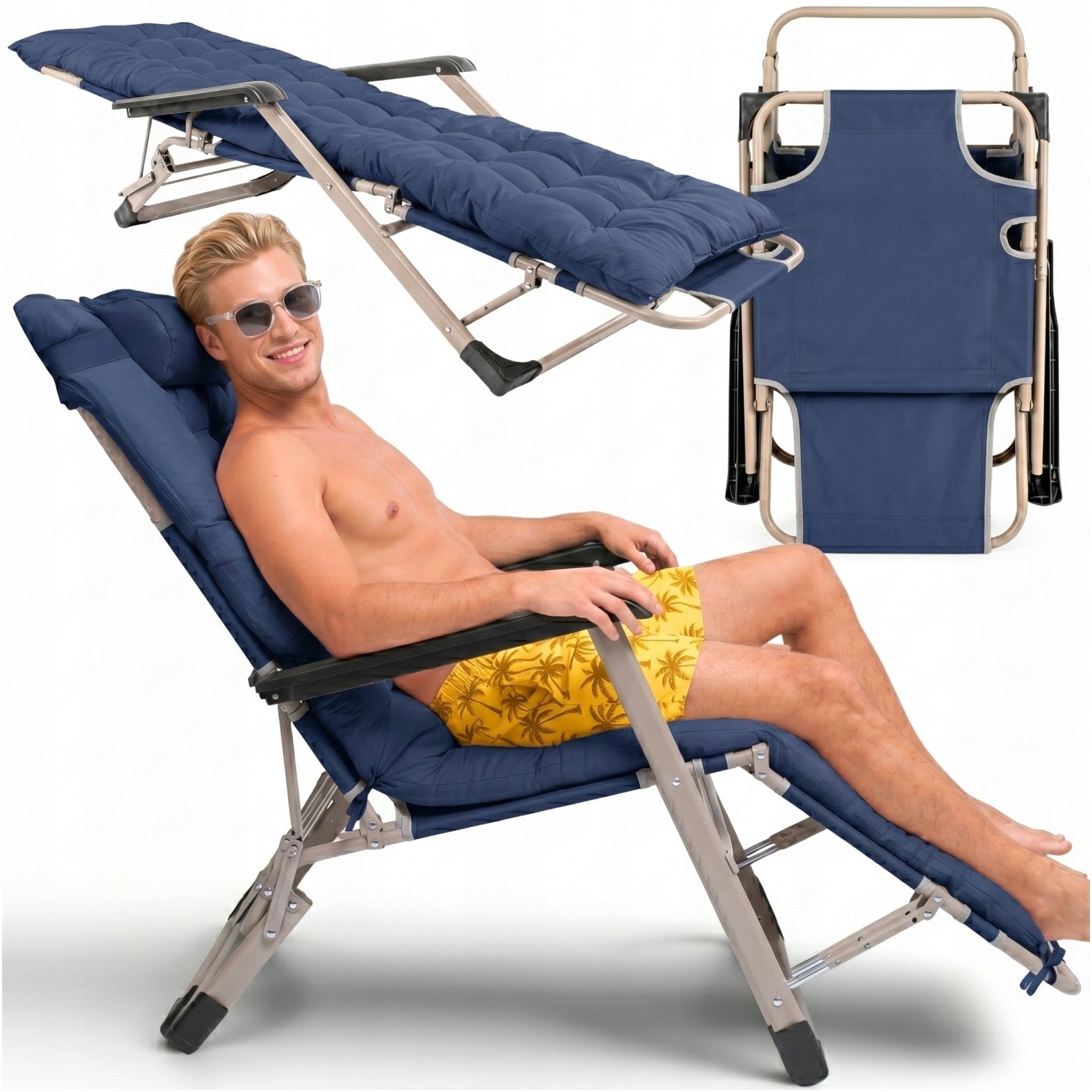 Garden Sun Lounger Folding Navy Chair Hiking Cushion Terrace