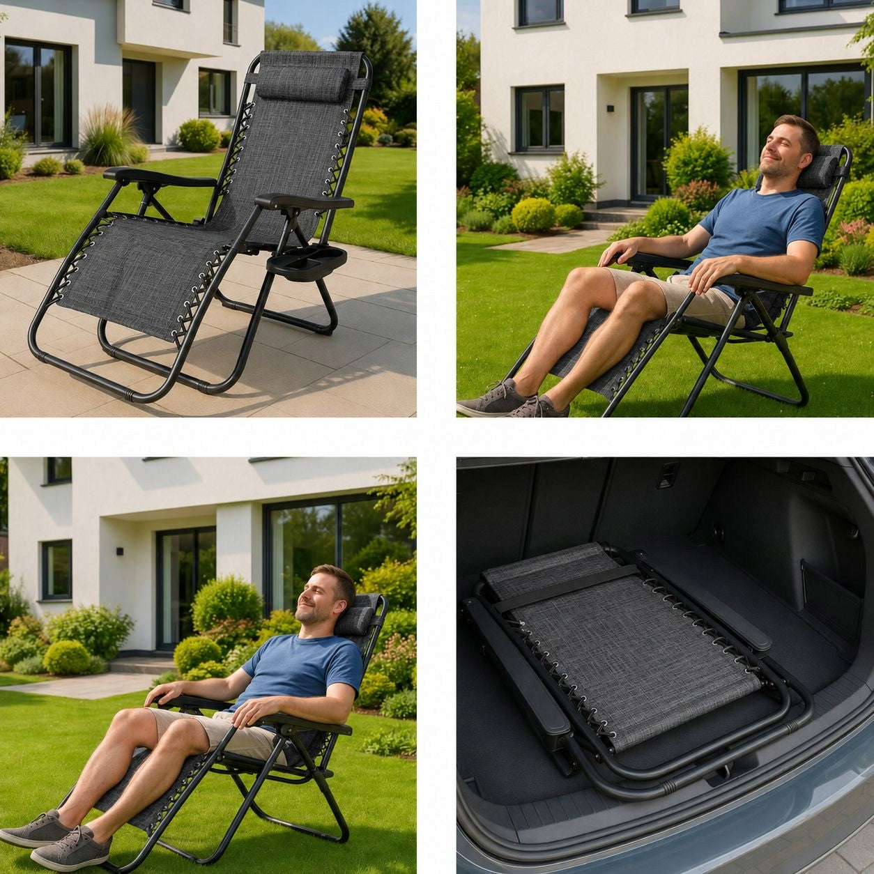 Garden Sun Lounger Folding Zero Gravity Beach Tourist Cushion Grey Brand Anytech