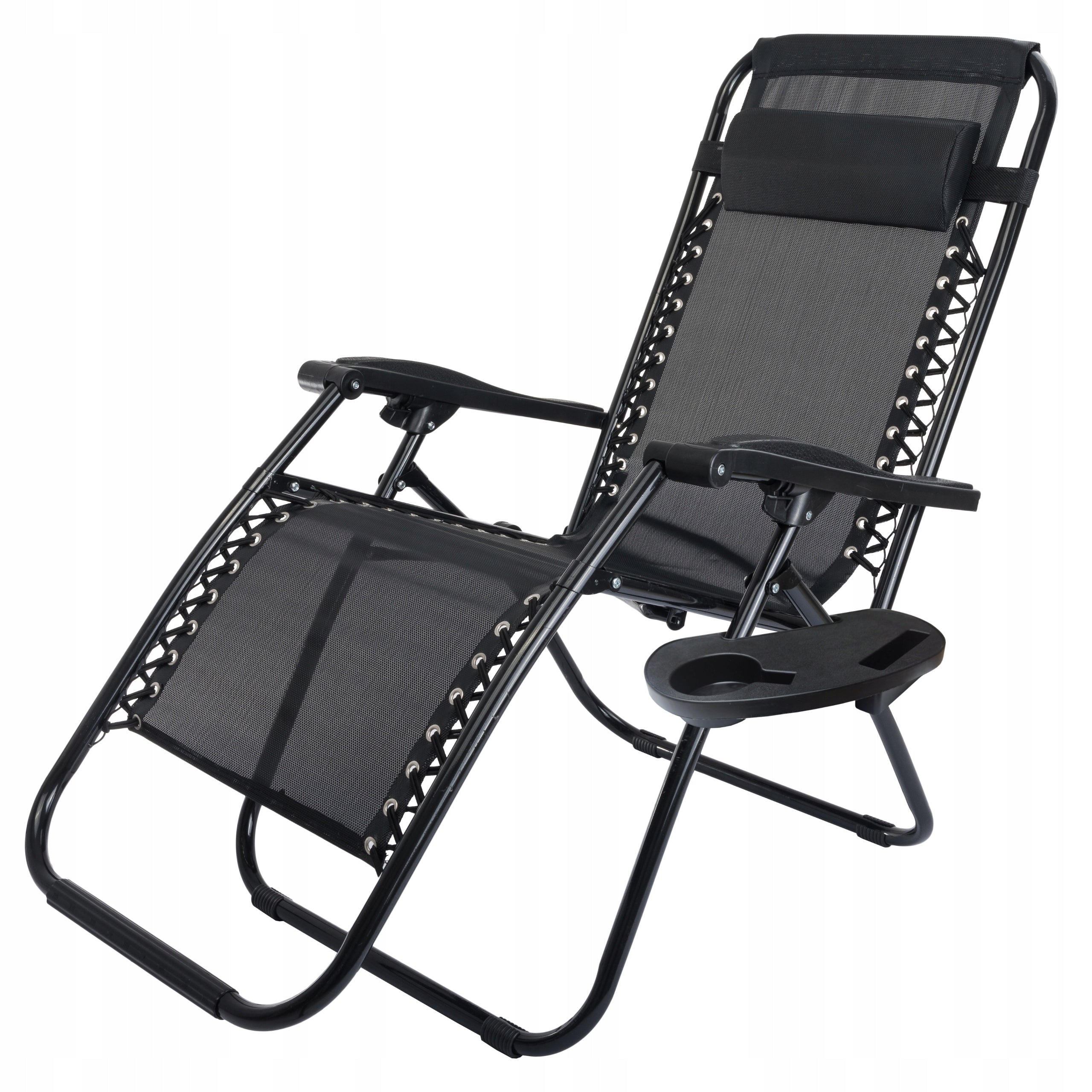 Garden Sun Lounger REINFORCED ZERO GRAVITY metal black folding FREEBIE SHELF!
