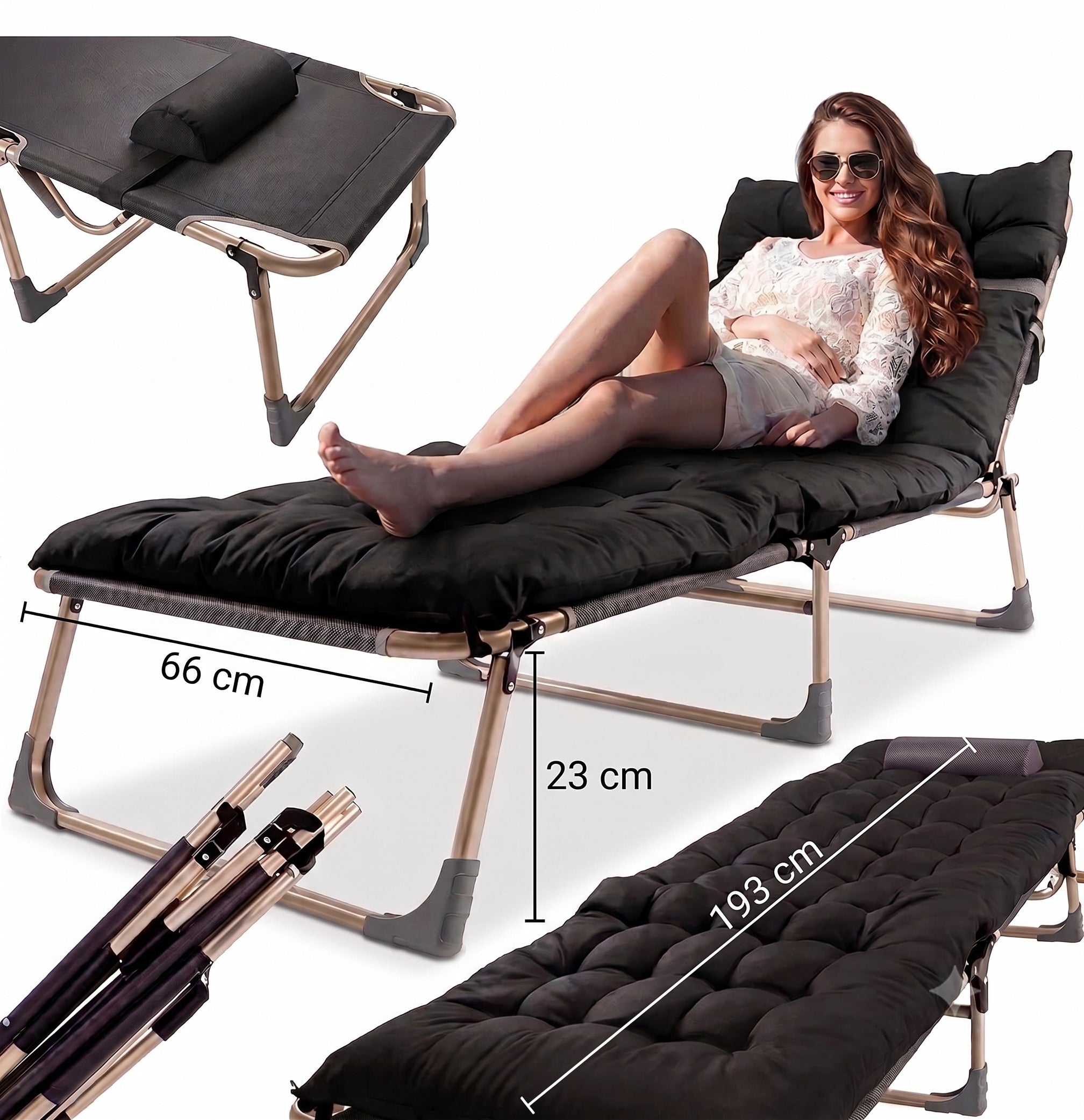 Garden Sun Lounger Tourist Bed Folding Canadian Mattress black 193 cm