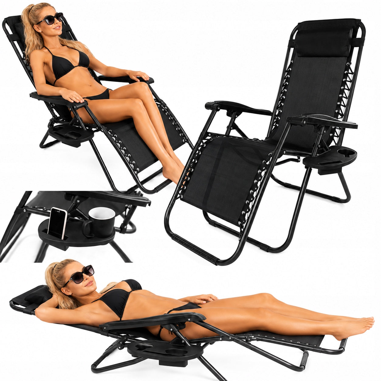 Garden Sun Lounger Tourist Chair Zero Gravity Reclining Table Black