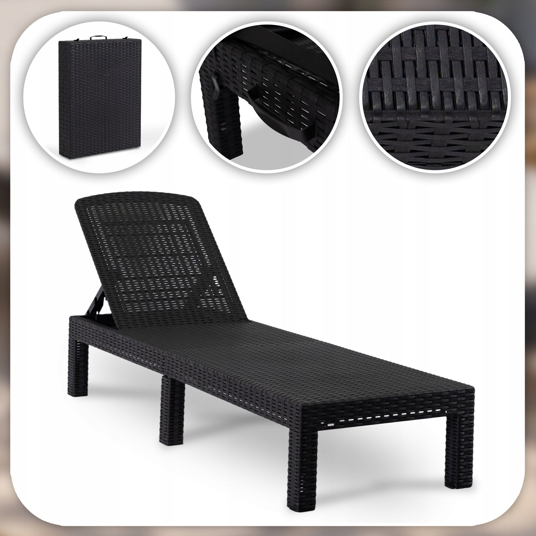 Garden Sun Lounger Tourist Folding Couch Bed Black ARIZONA Brand Mebel Elite