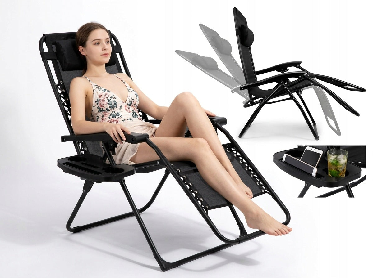 Garden chair sun lounger black adjustable tray headrest Textilene