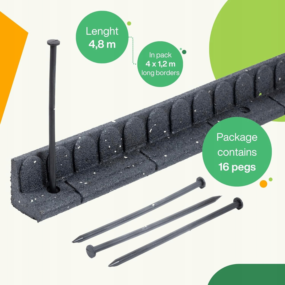 Garden edging rubber 480 cm x 7 cm grey 4x120cm rubber + anchor set Packaging status original