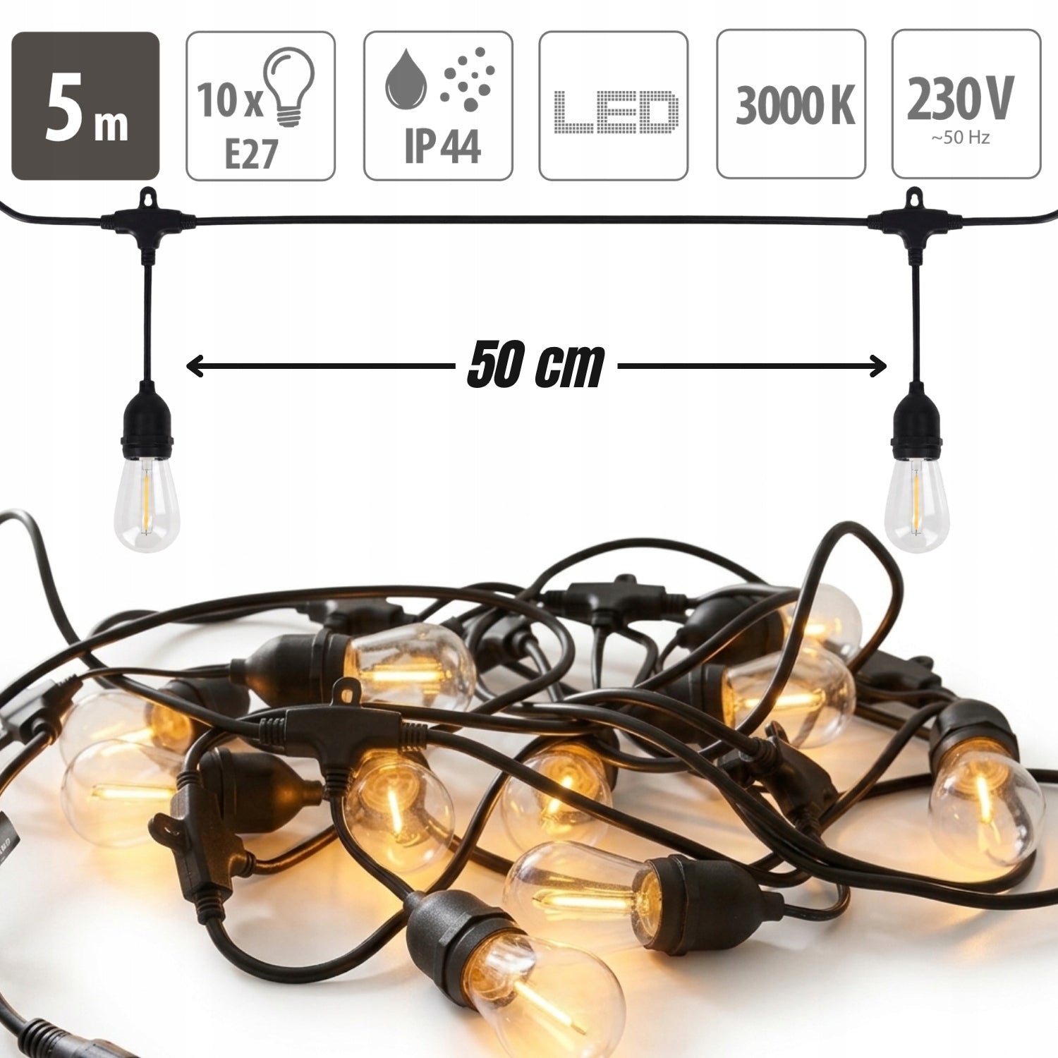 Garden light garland 5m LED lights E27 chain 10 bulbs 3000K DEDRA Packaging status original