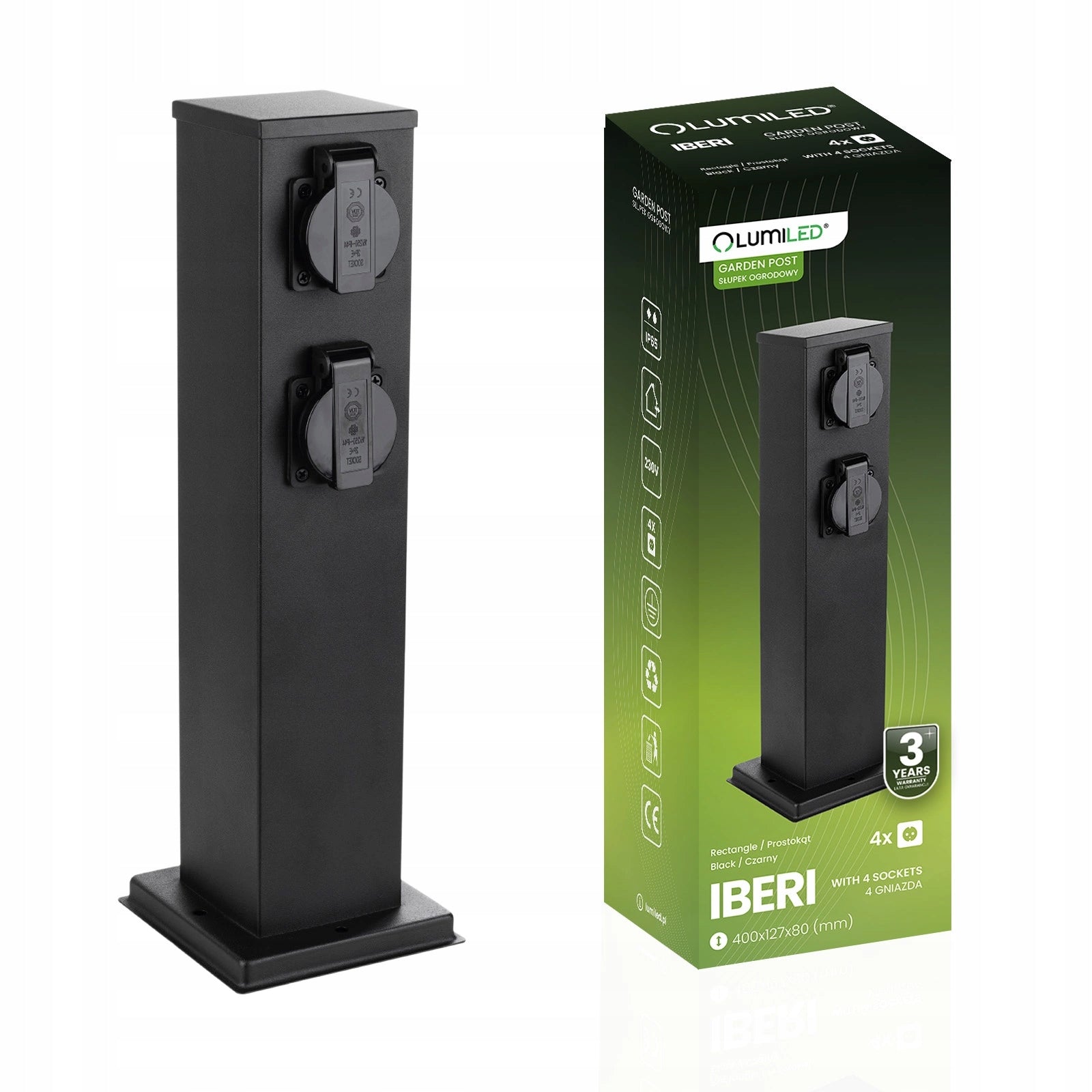 Garden post Lumiled IBERI 40cm 4x Network socket 230V IP65/IP54 Black