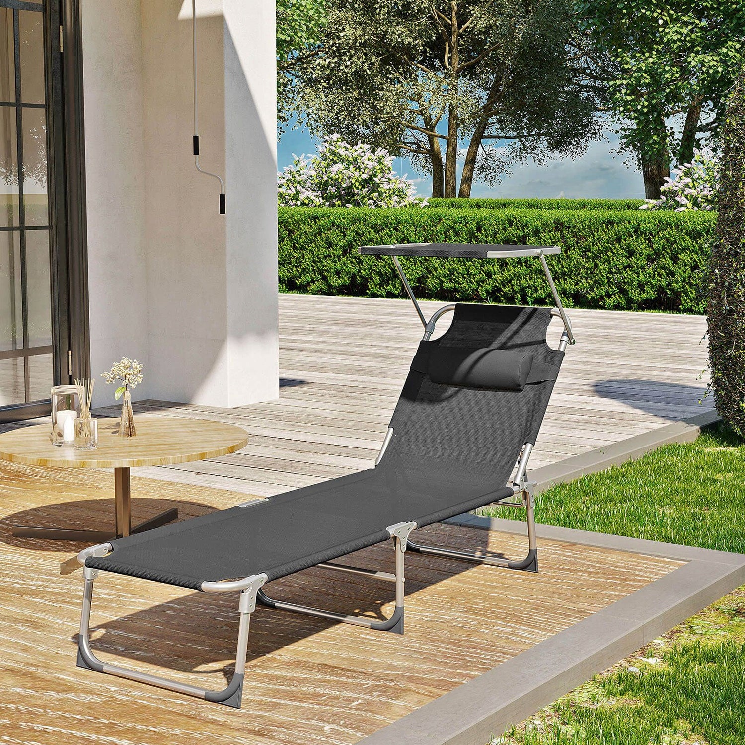Garden sun lounger Songmics foldable with visor dark grey 150 kg #1218 Manufacturer code GCB19UV1