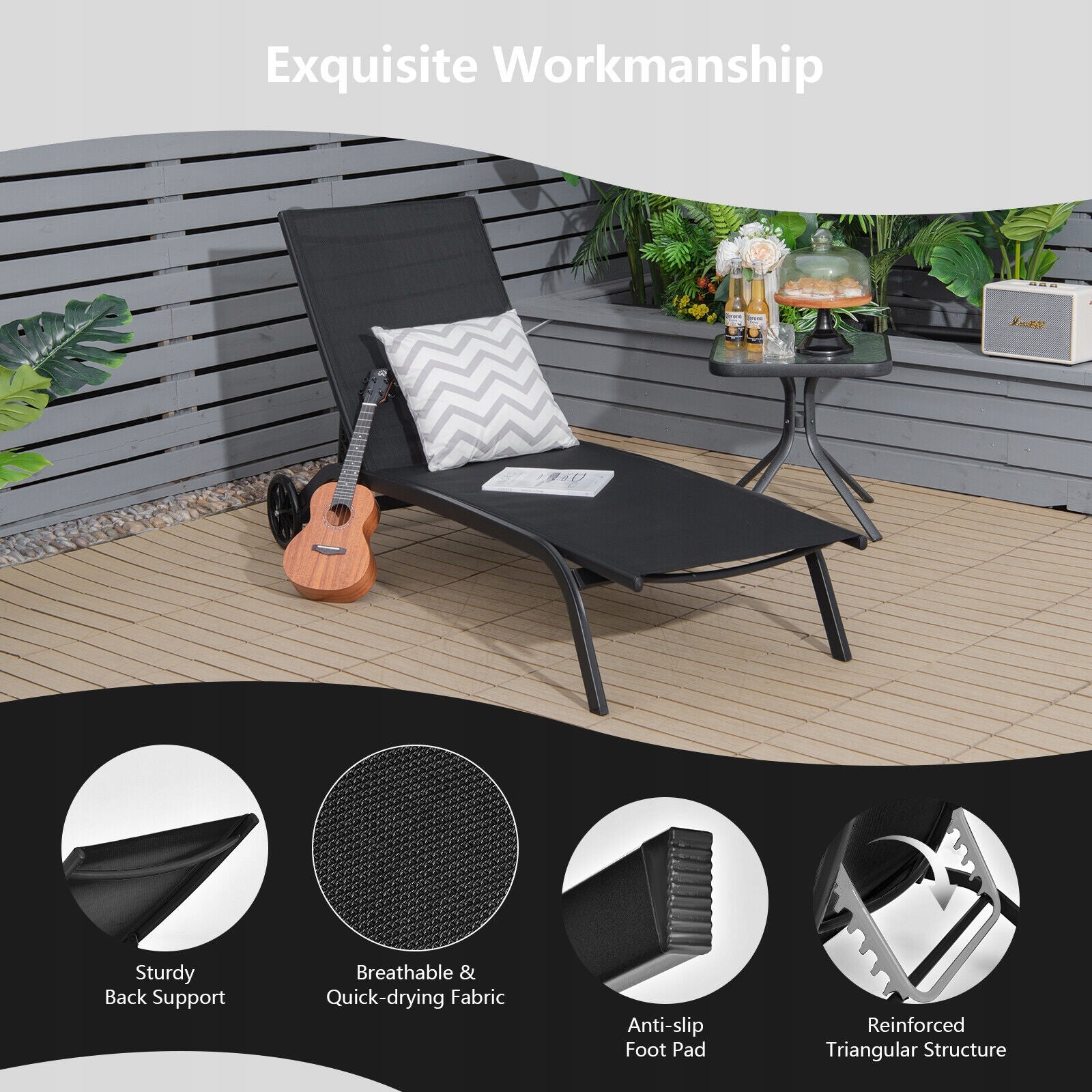 Garden sun lounger on wheels black adjustable premium couch Model KANA