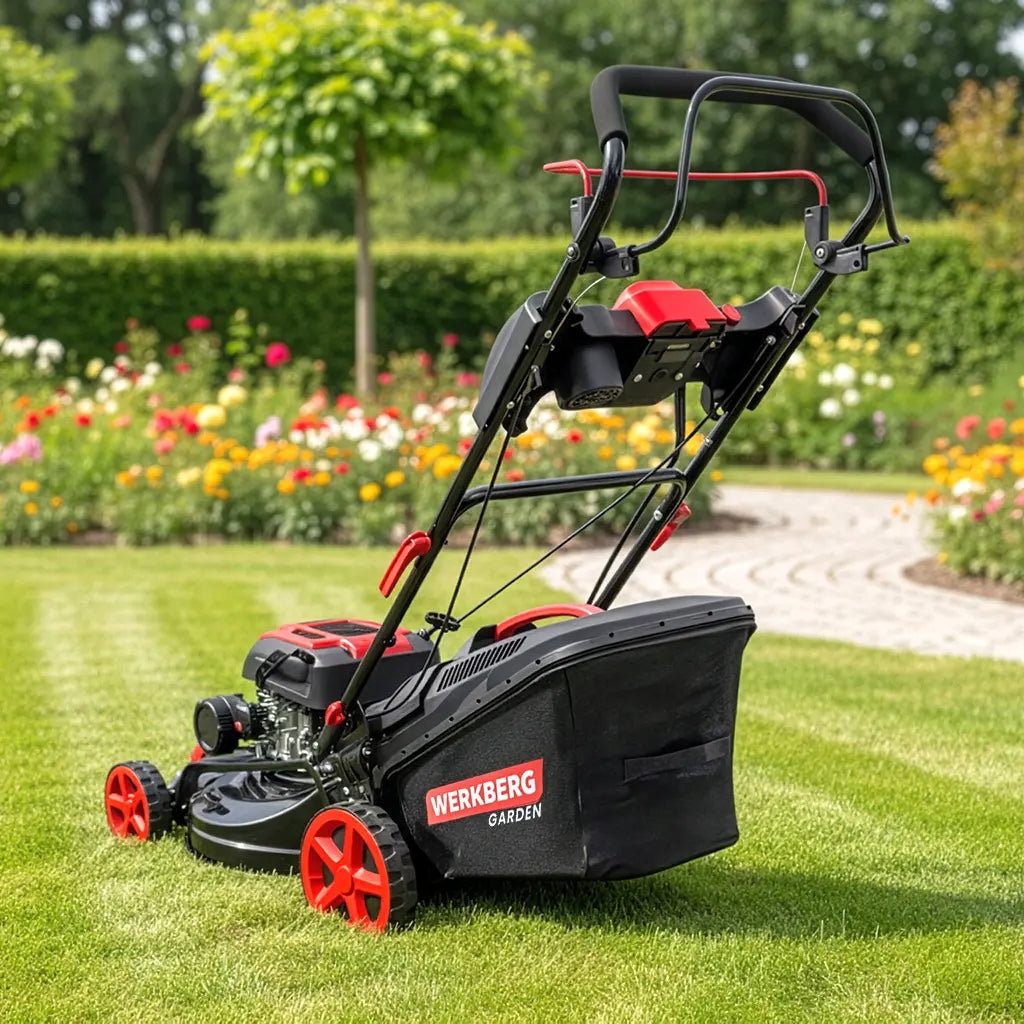 Gasoline Lawn Mower with Drive 196CC Engine 51cm POWERFUL 4-in-1 WERKBERG 60L Mowing width 51 cm
