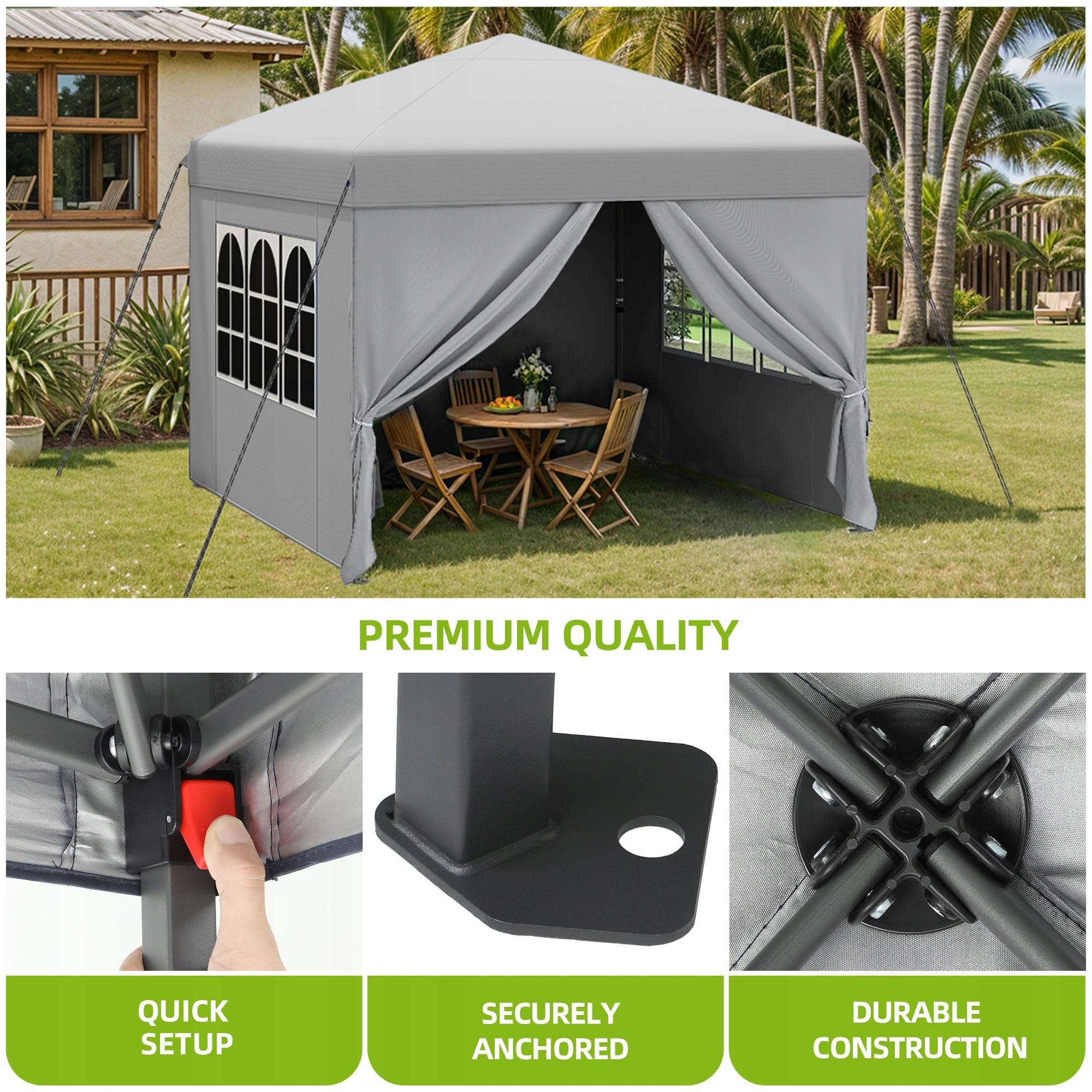 Gazebo, Garden Tent, Pavillon, 3×3m, Waterproof Folding, Canopy, Light Grey Length 3 m