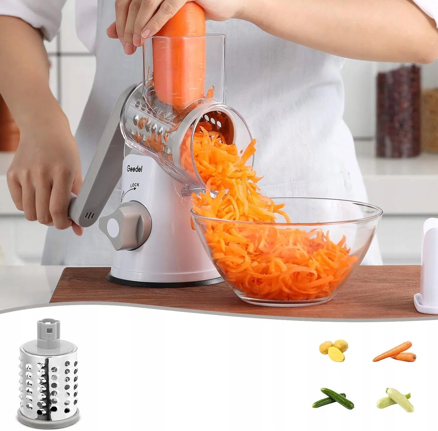 Geedel Drum Rotary Grater 3 Blades Replaceable Steel White Dominant color white