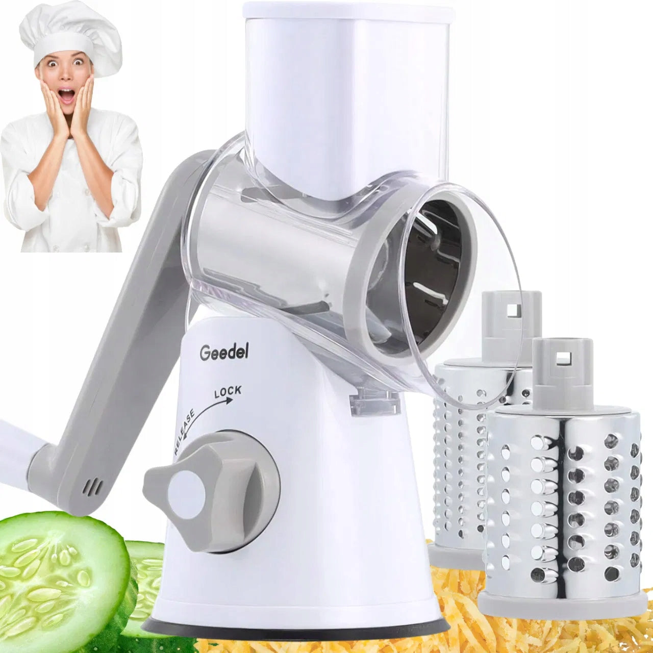 Geedel Drum Rotary Grater 3 Blades Replaceable Steel White