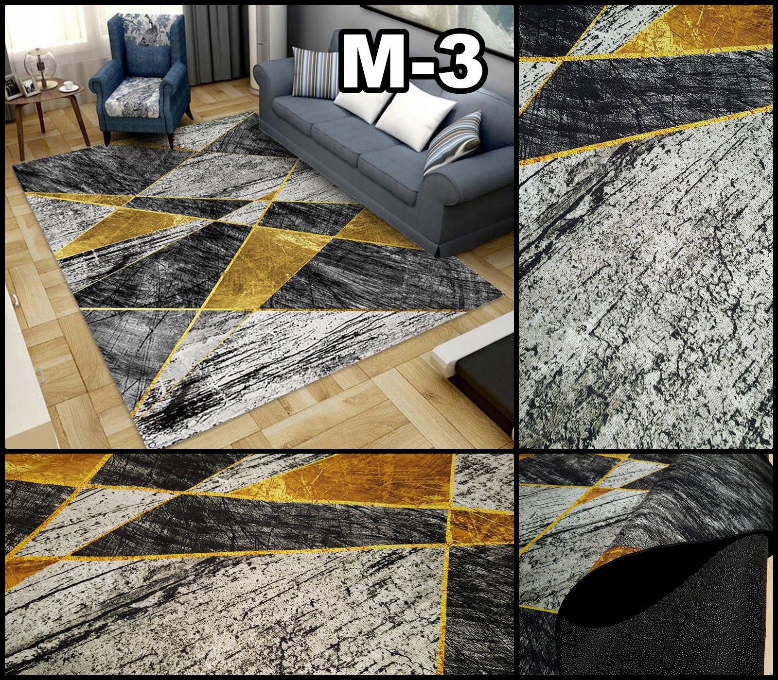 Geometric Anti-Slip Carpet Fancy 140x200 Mosaic Grey Gold Glamour Length 200 cm