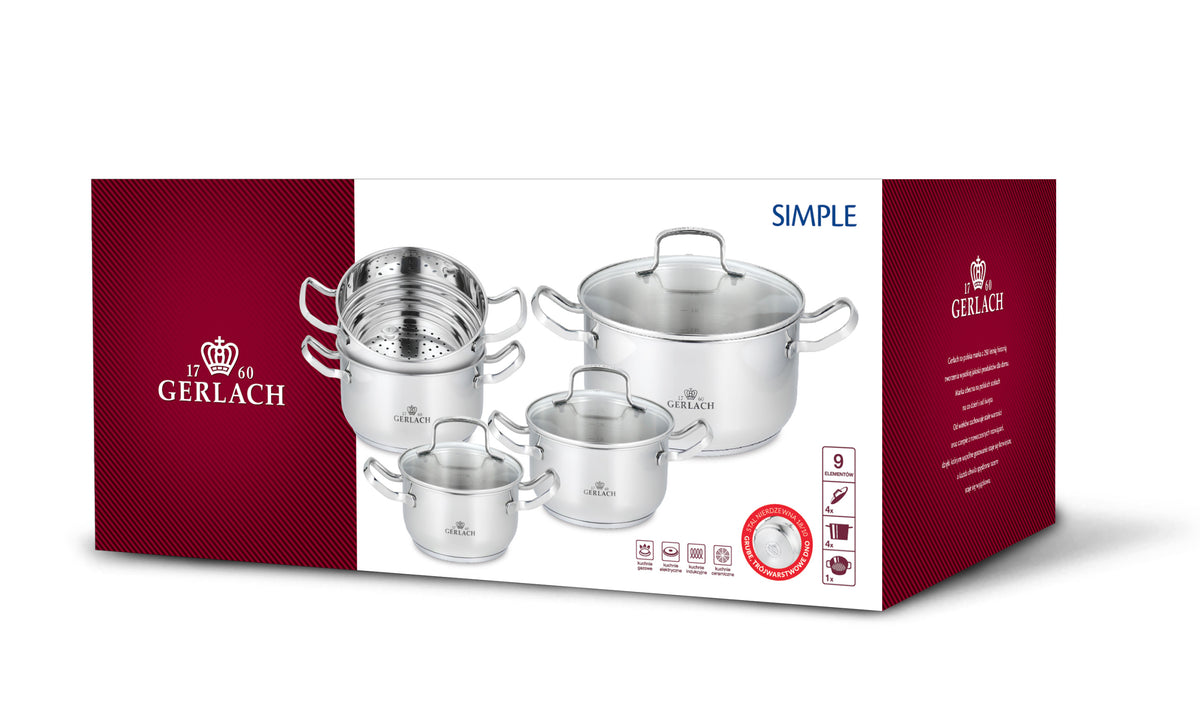Gerlach Simple Set of pots 332M 9 elements 18/10 induction evaporator Packaging status original