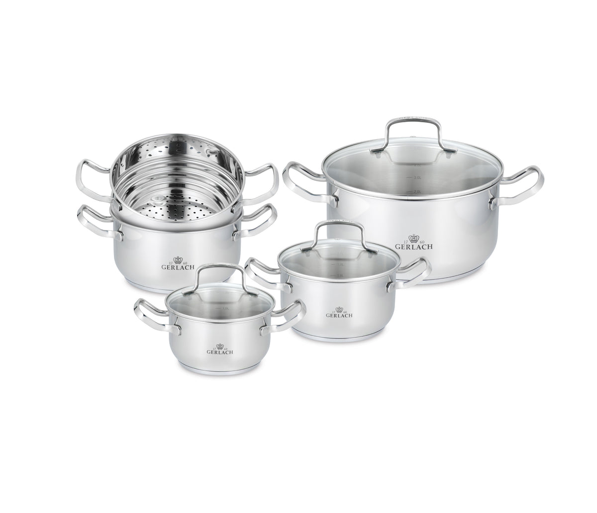 Gerlach Simple Set of pots 332M 9 elements 18/10 induction evaporator