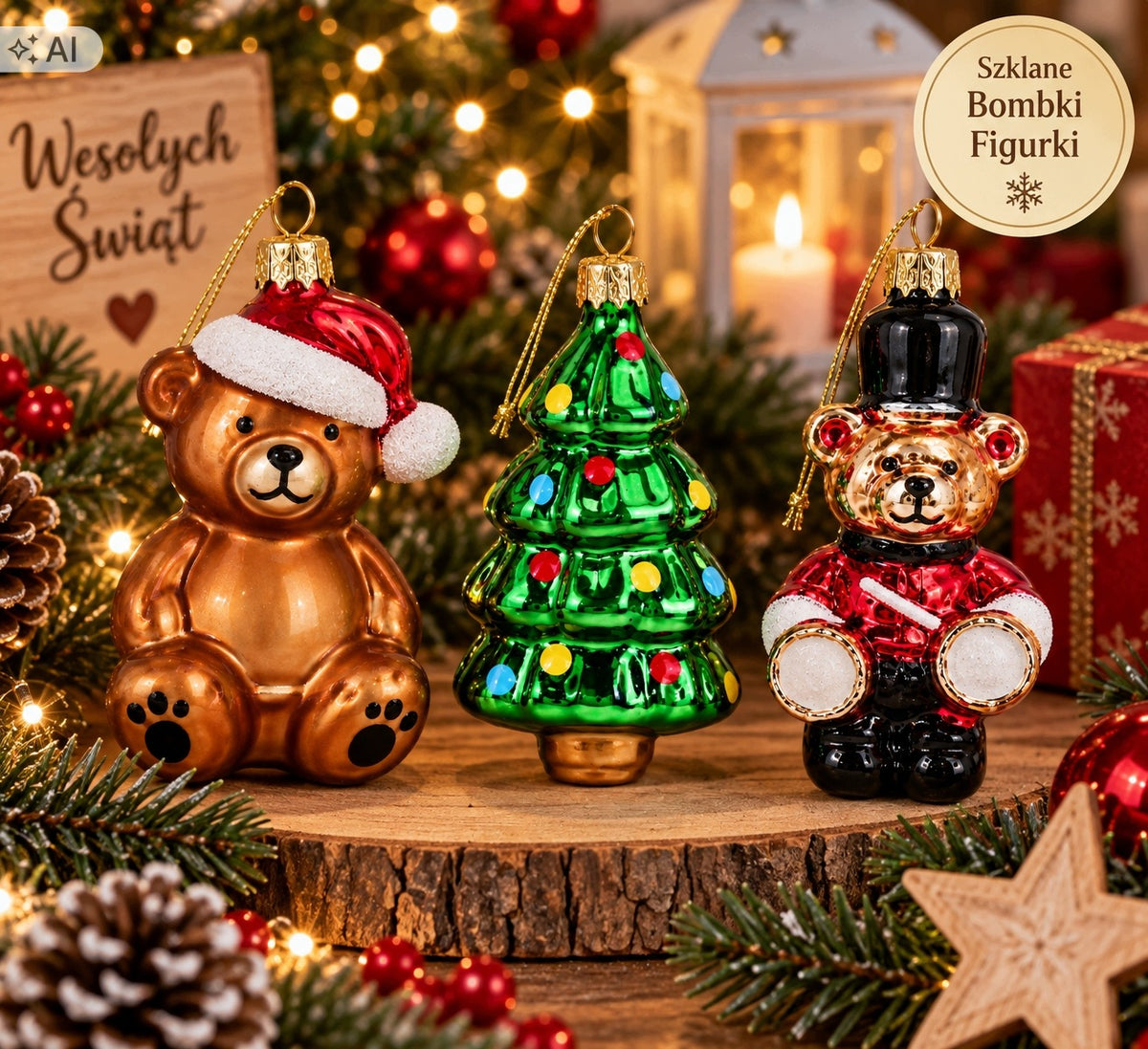 Glass Bear and Christmas Tree Baubles – Set of 3 Christmas Decorations Manufacturer code 8718964254545