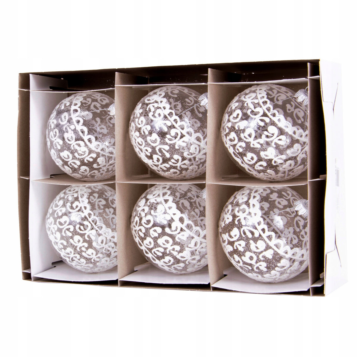 Glass Christmas Tree Baubles Large 10cm Transparent Lace - Set of 6