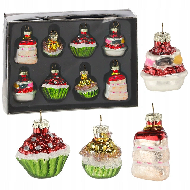 Glass Christmas baubles cupcakes mix of designs 8 pcs Christmas pendants