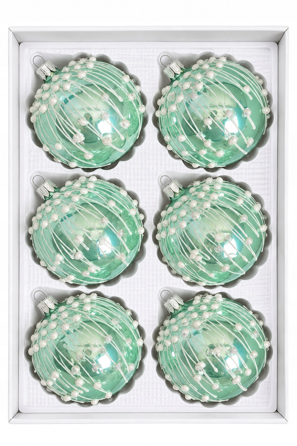 Glass Christmas tree baubles made in Poland pastel green decor 8 cm