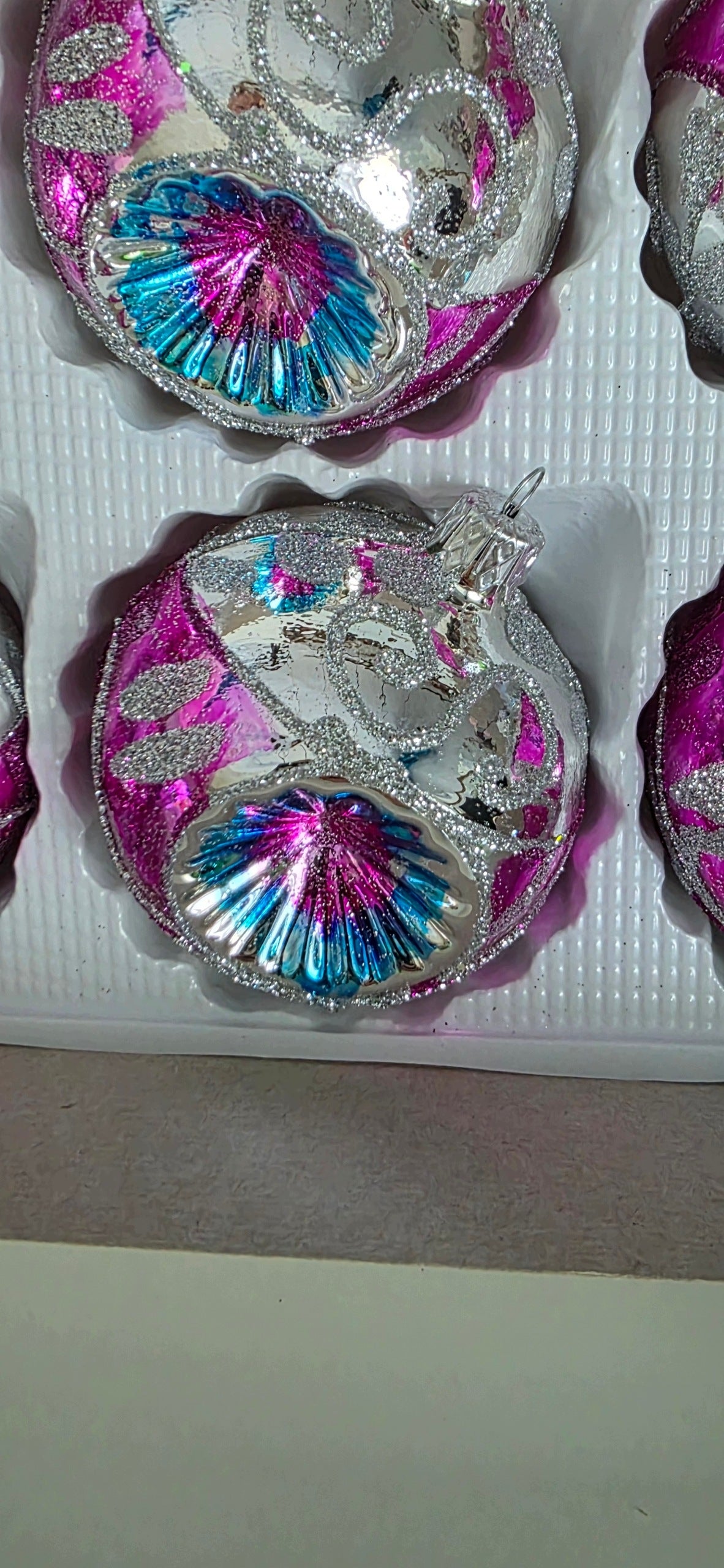 Glass Christmas tree baubles spotlights rose silver prl vintage detail Packaging status original