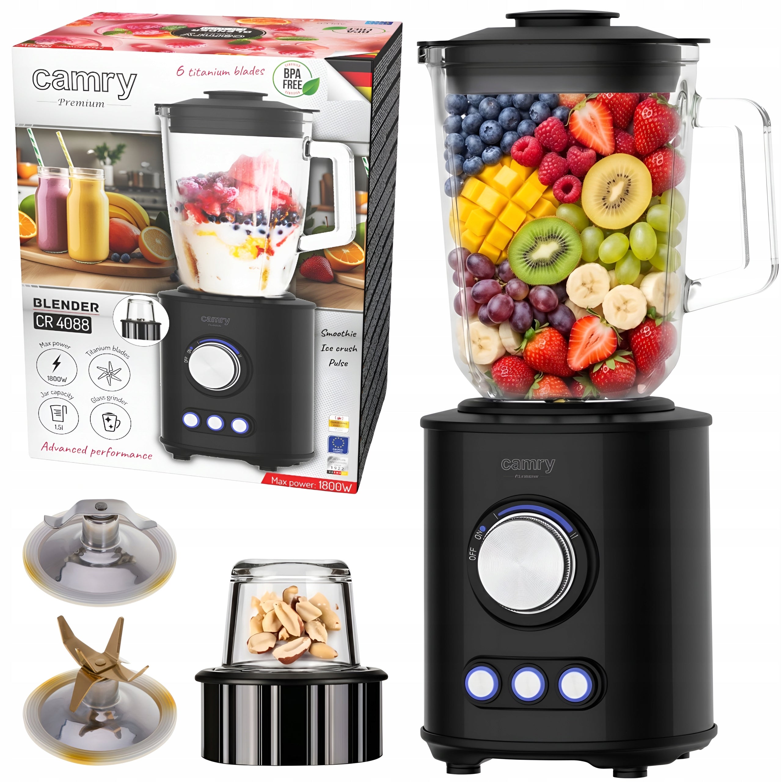 Glass Cup Blender 2in1 1.5L 1800W Crushes Ice Titanium Blades Grinder
