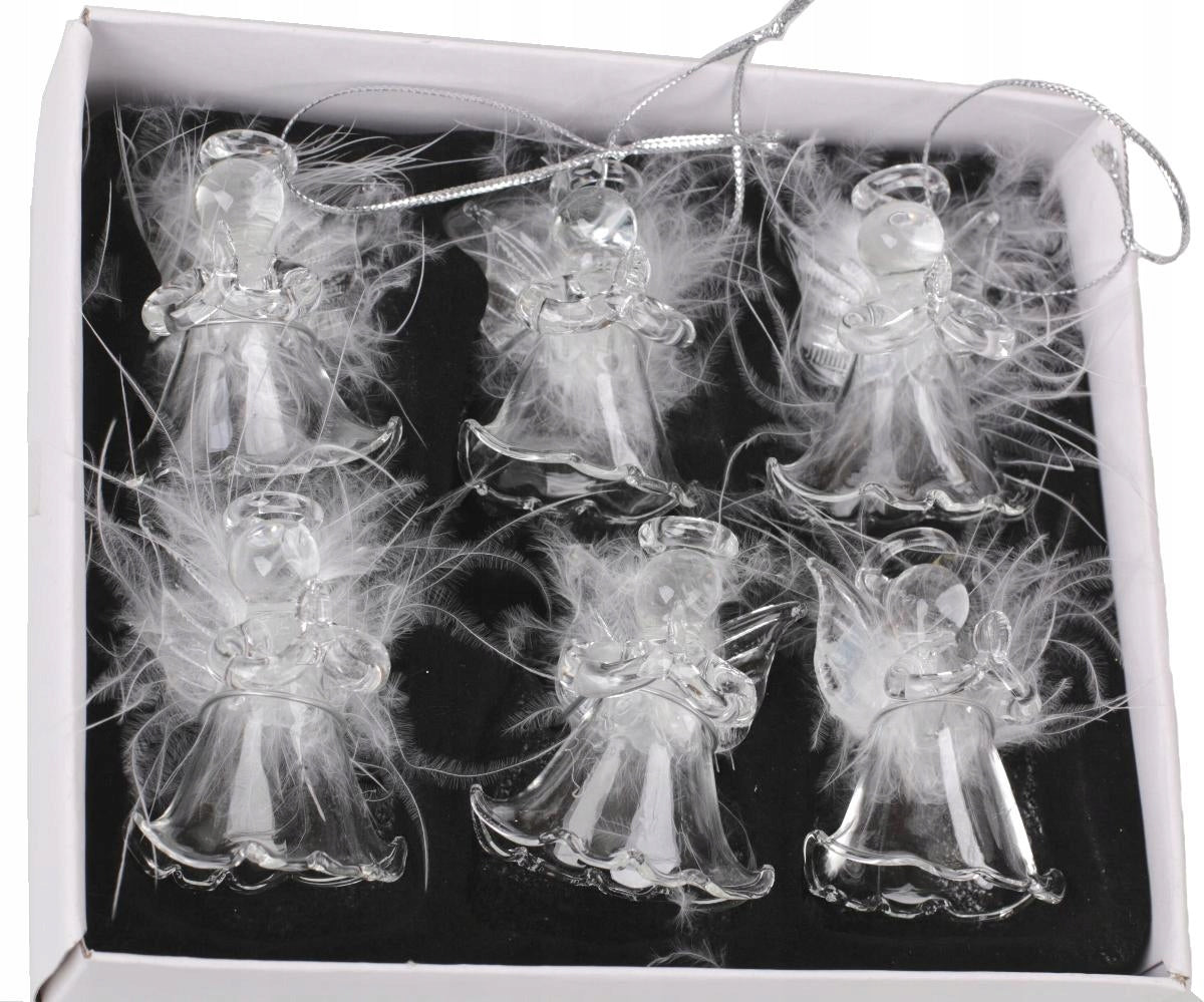 Glass angels in feathers. 6 baubles or a gift for Christmas