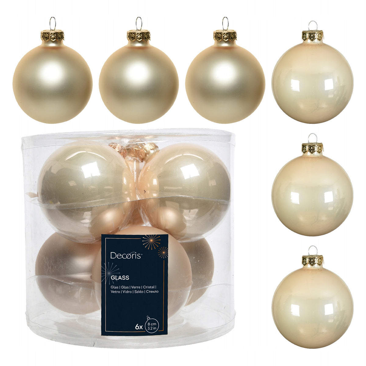 Glass baubles Christmas tree pearl gloss matt 8 cm 6 pcs. in tube