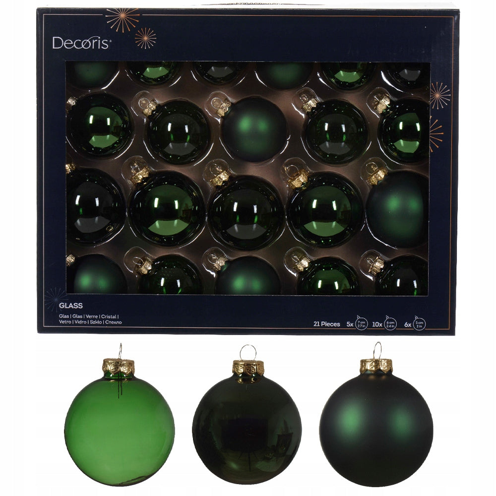 Glass baubles green 21 pcs Mix sizes 5-7 cm Christmas tree decorations