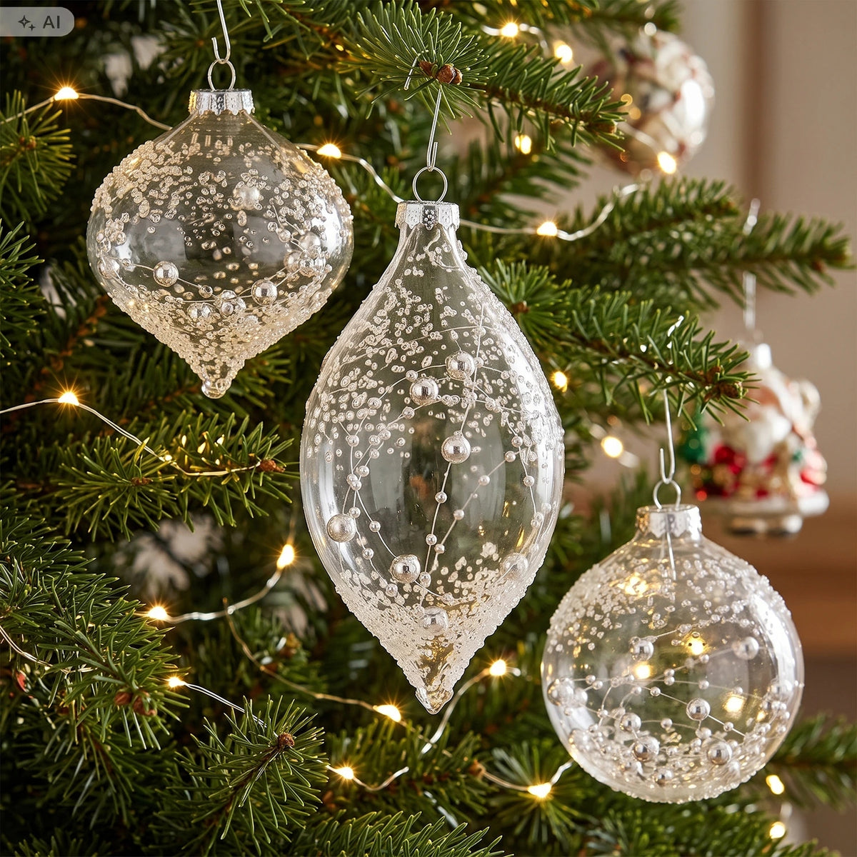 Glass baubles transparent silver beads 8 cm 12 pcs for Christmas tree Packaging status original