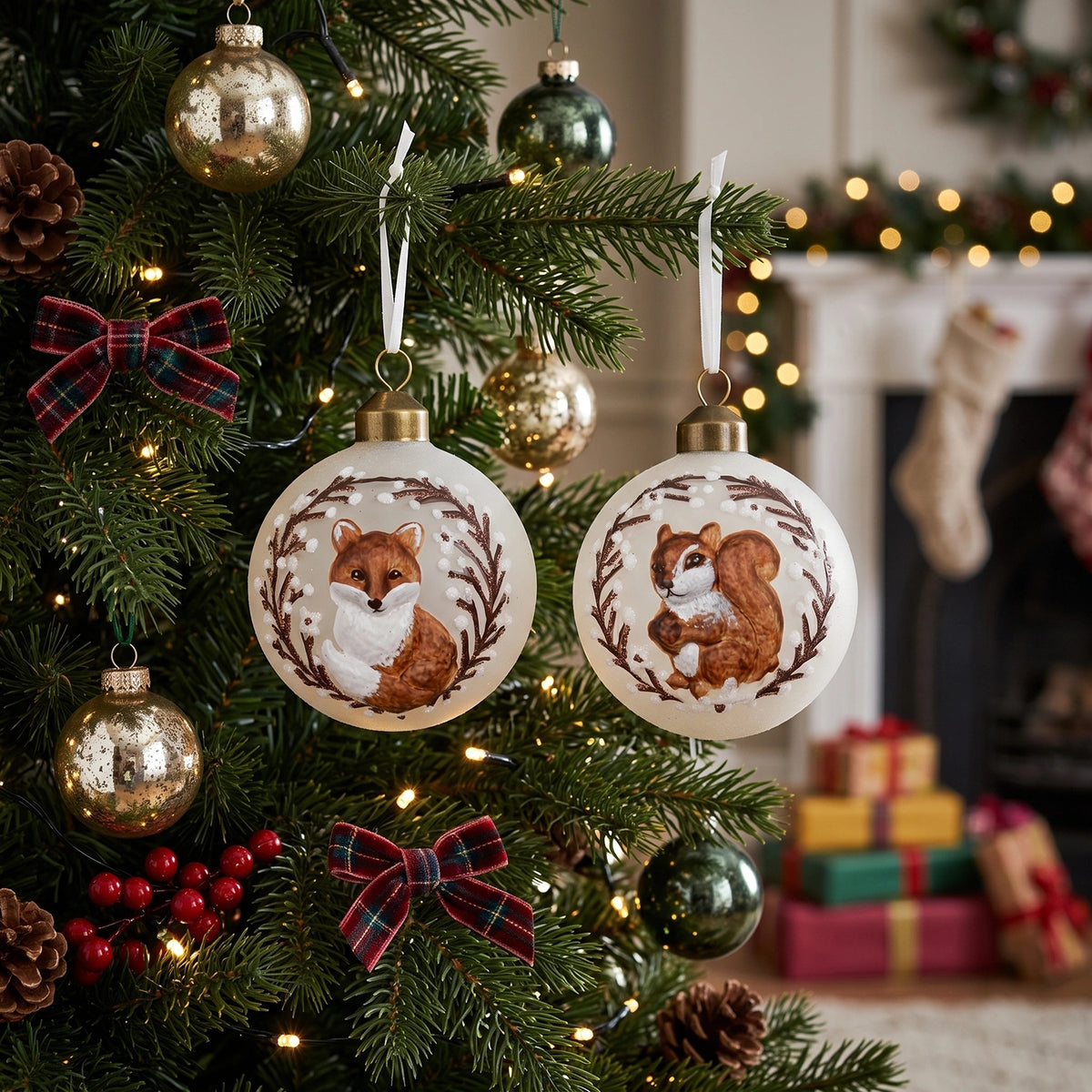 Glass baubles white 8 cm 6 pcs. fox squirrel Christmas tree ornaments Packaging status original