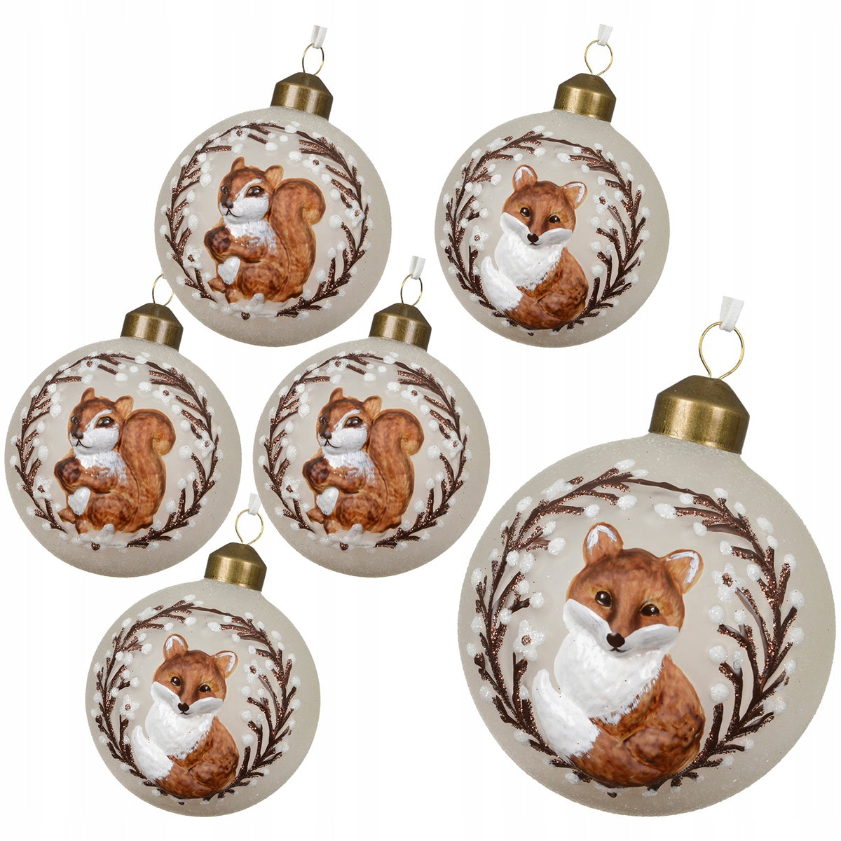 Glass baubles white 8 cm 6 pcs. fox squirrel Christmas tree ornaments