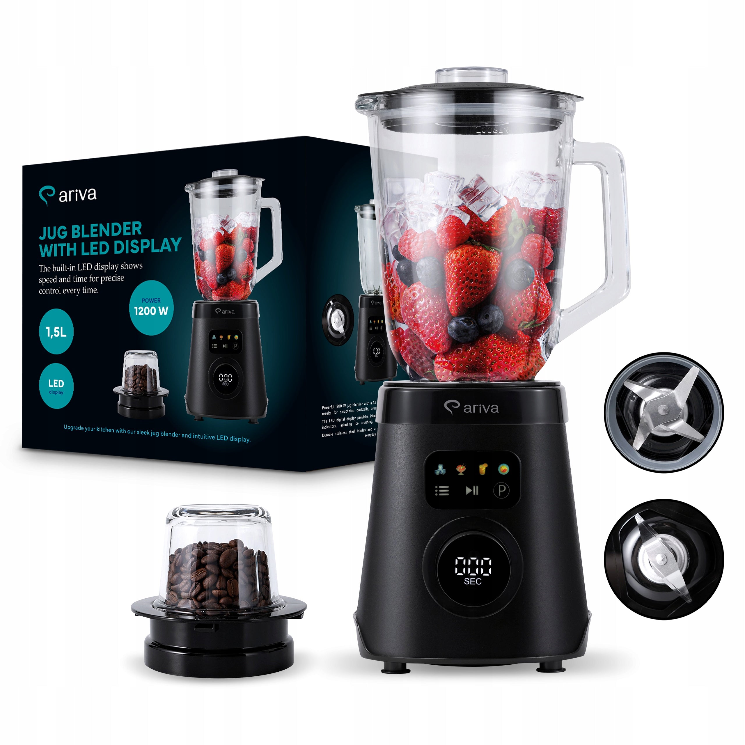 Glass cup blender Ariva 1000W LED ice grinder smoothie 1,5L