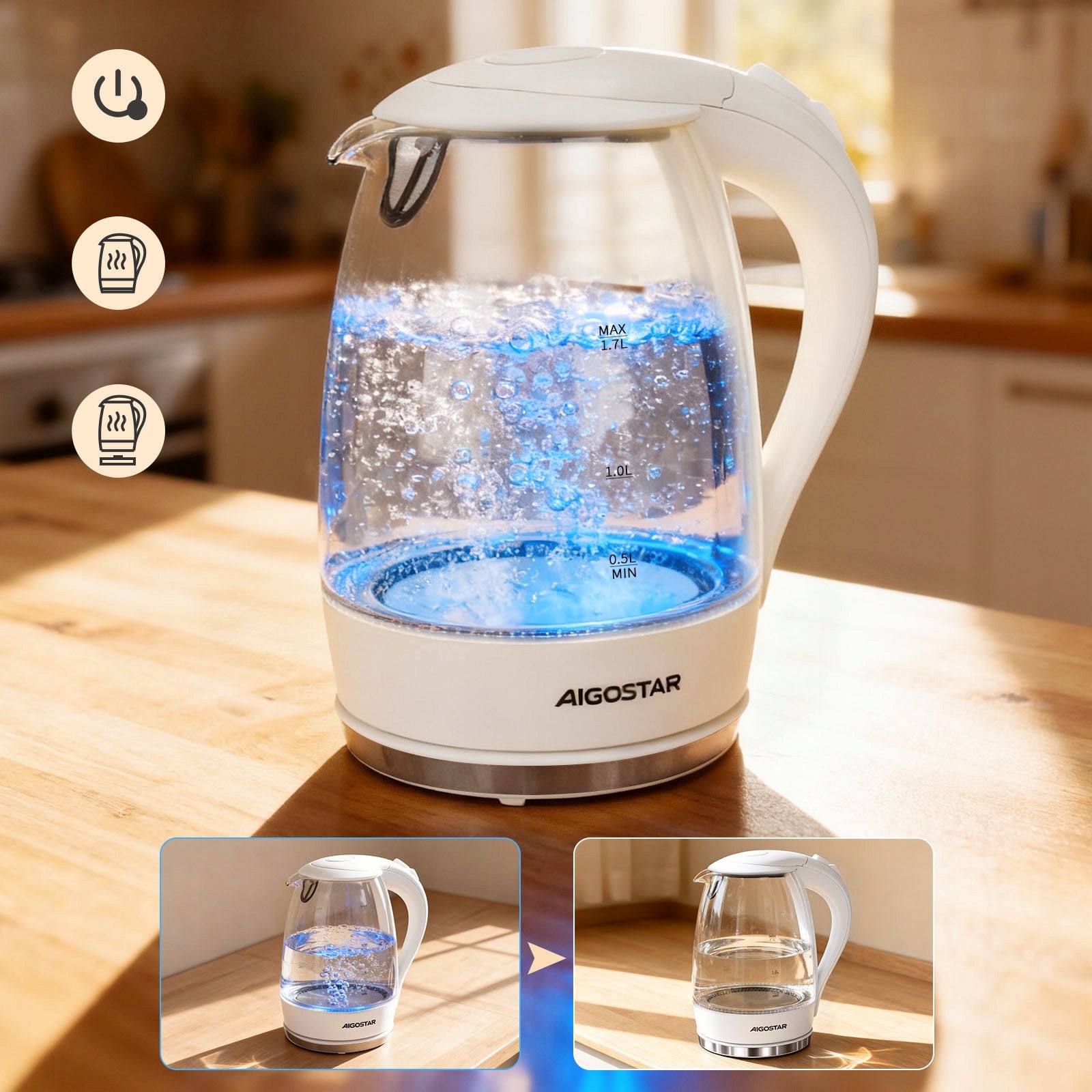 Glass electric kettle 1,7 l 2200W with LED backlight Aigostar white Manufacturer code 300104GON