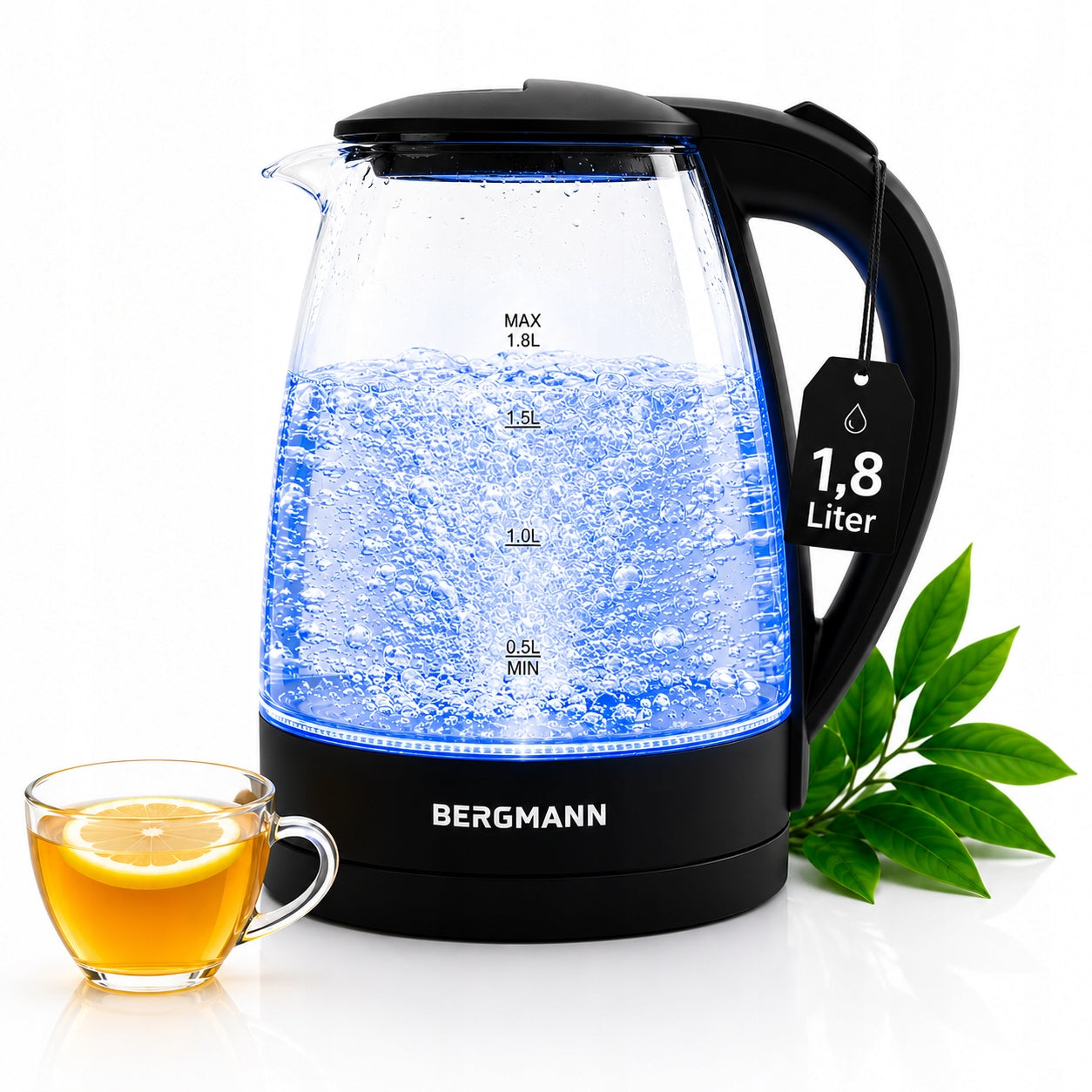Glass electric kettle BERGMANN 1,8L 2200W LED black base