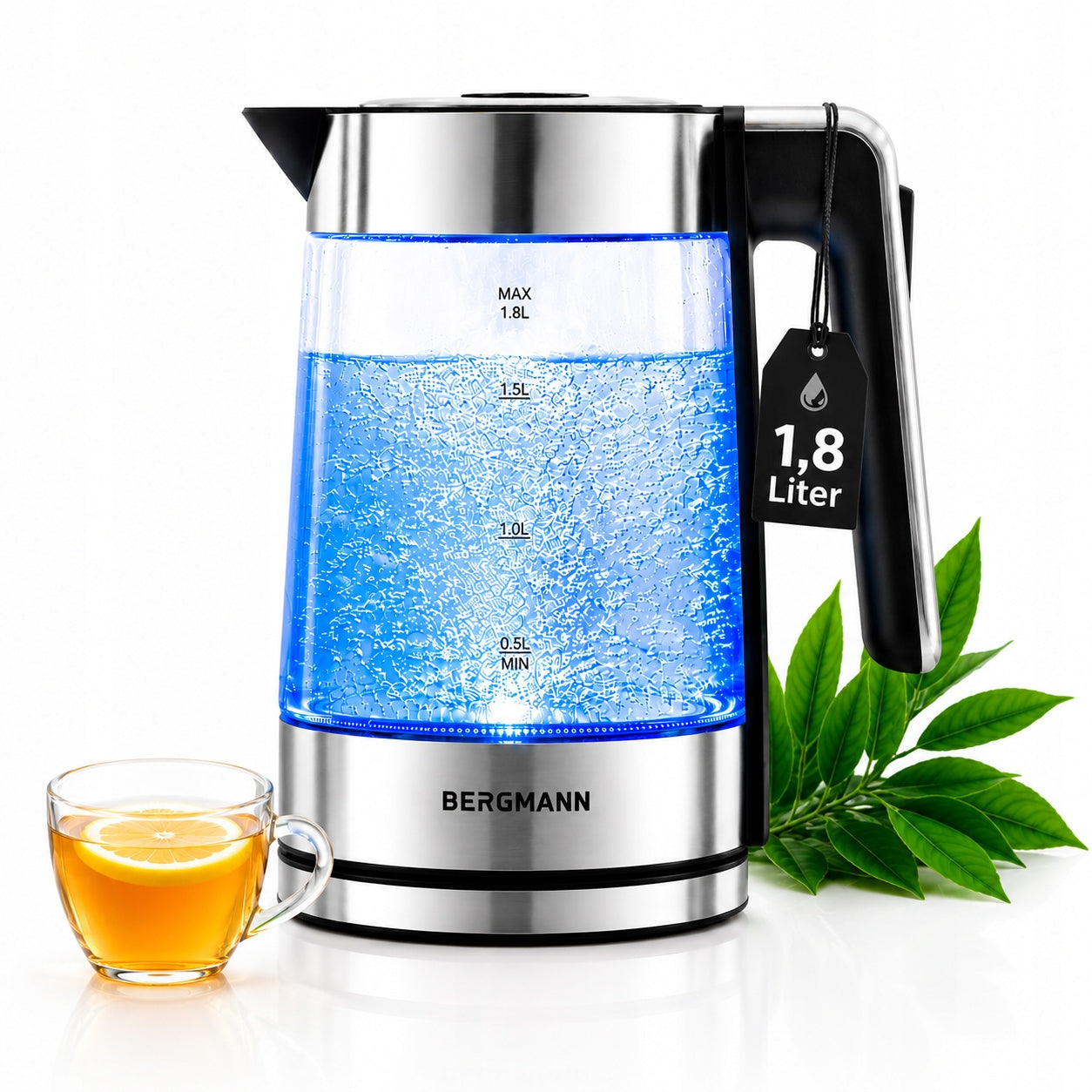 Glass electric kettle BERGMANN 1,8L 2200W silver LED backlight