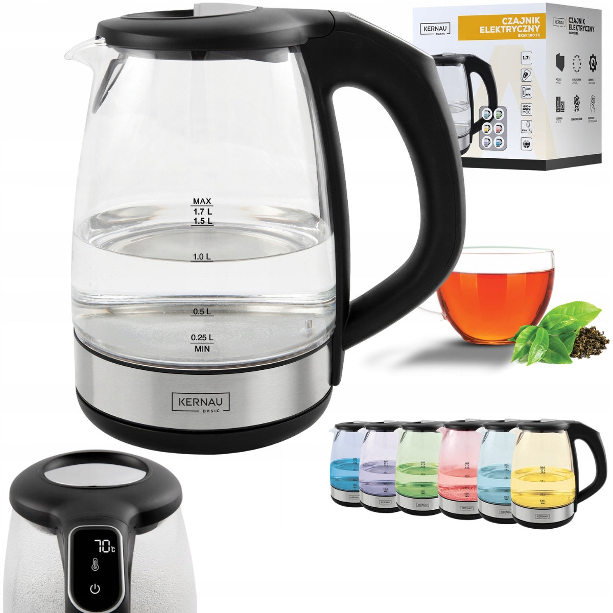 Glass electric kettle Kernau POWERFUL 2200W 1,7L Temperature control