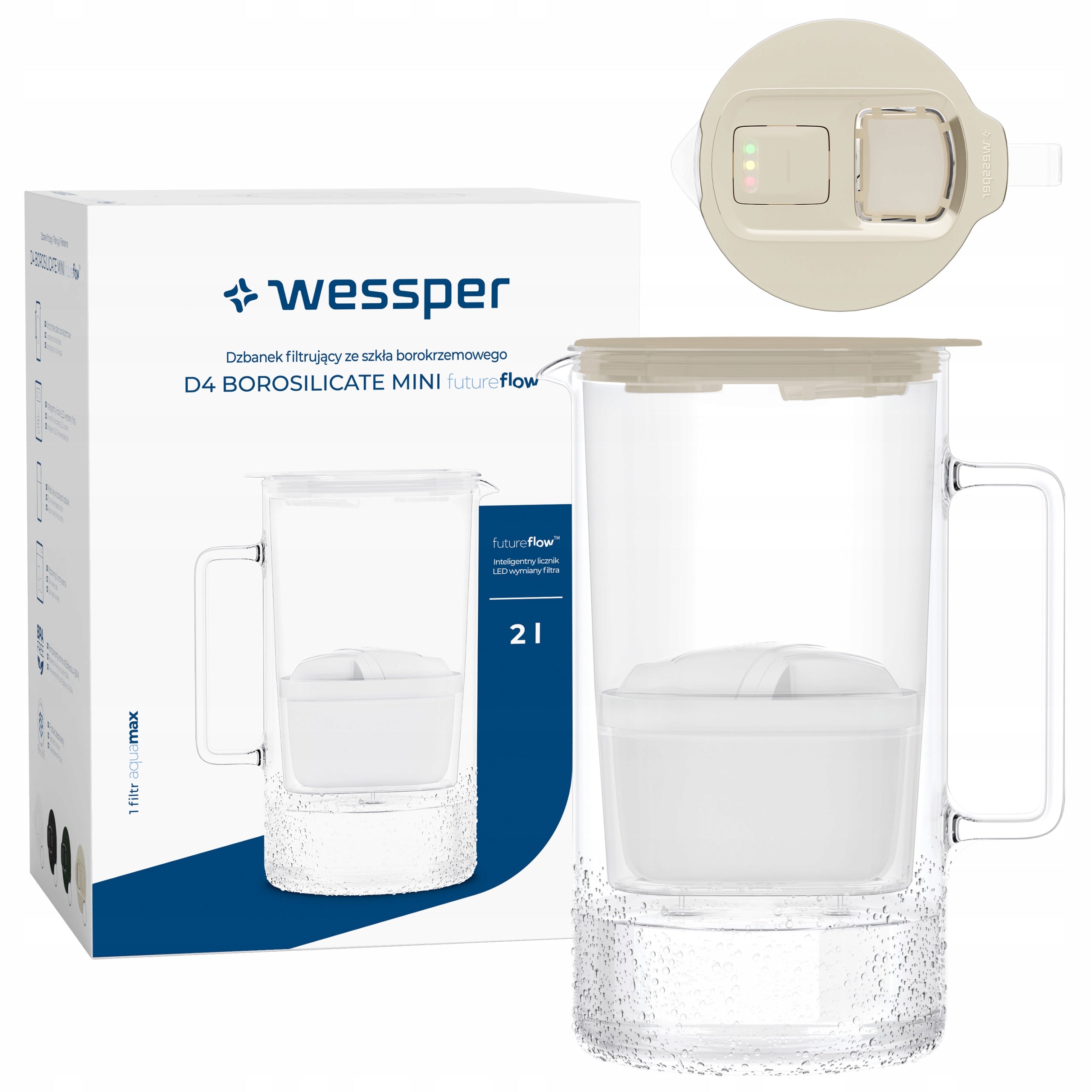 Glass filter jug 2L Wessper WES208-FF-BG MINI + filter indicator