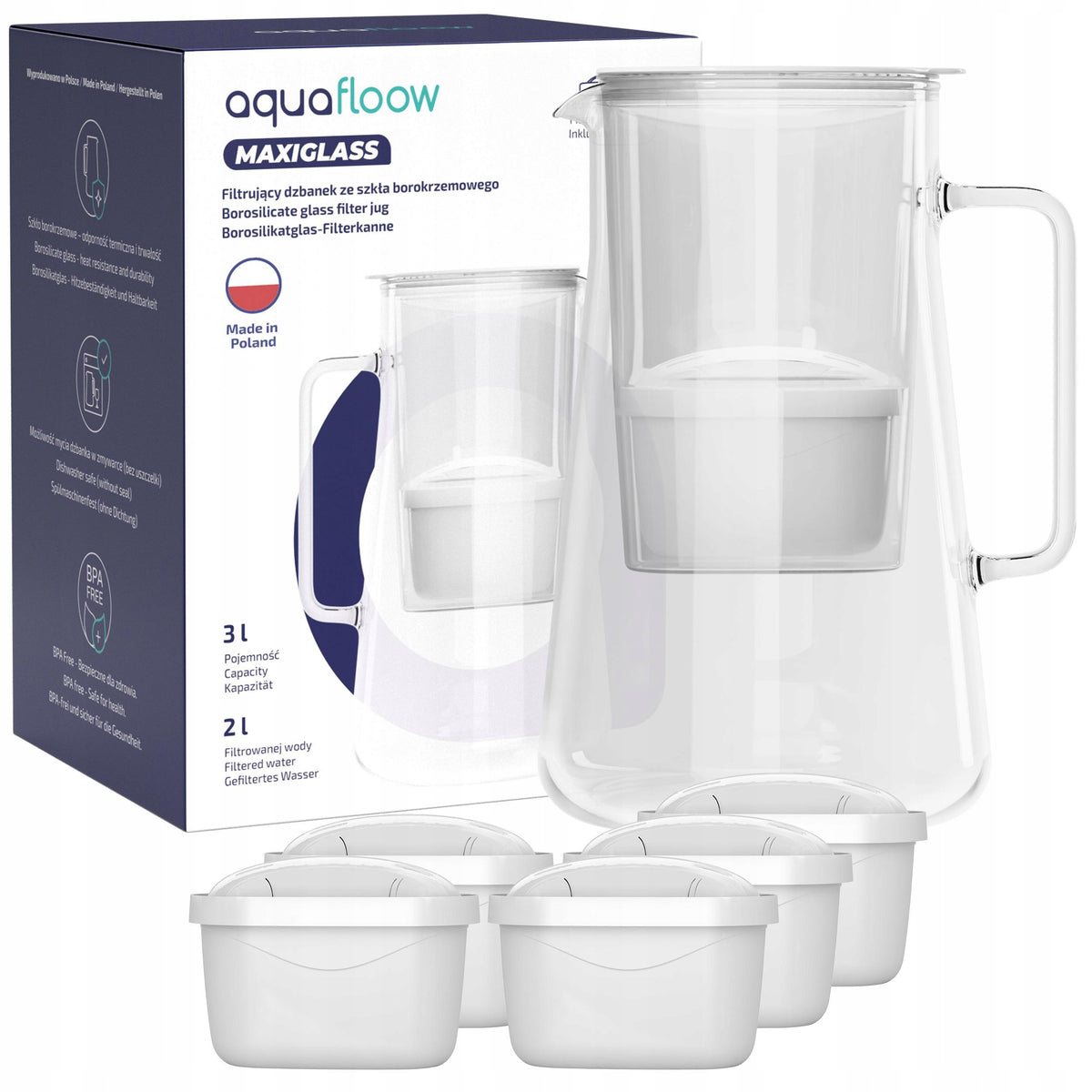 Glass filter jug AquaFloow 3l white + 6x filter AquaFloow Maxi