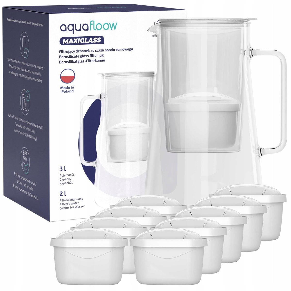 Glass filter jug AquaFloow MaxiGlass 3l white + 10x Maxi filter