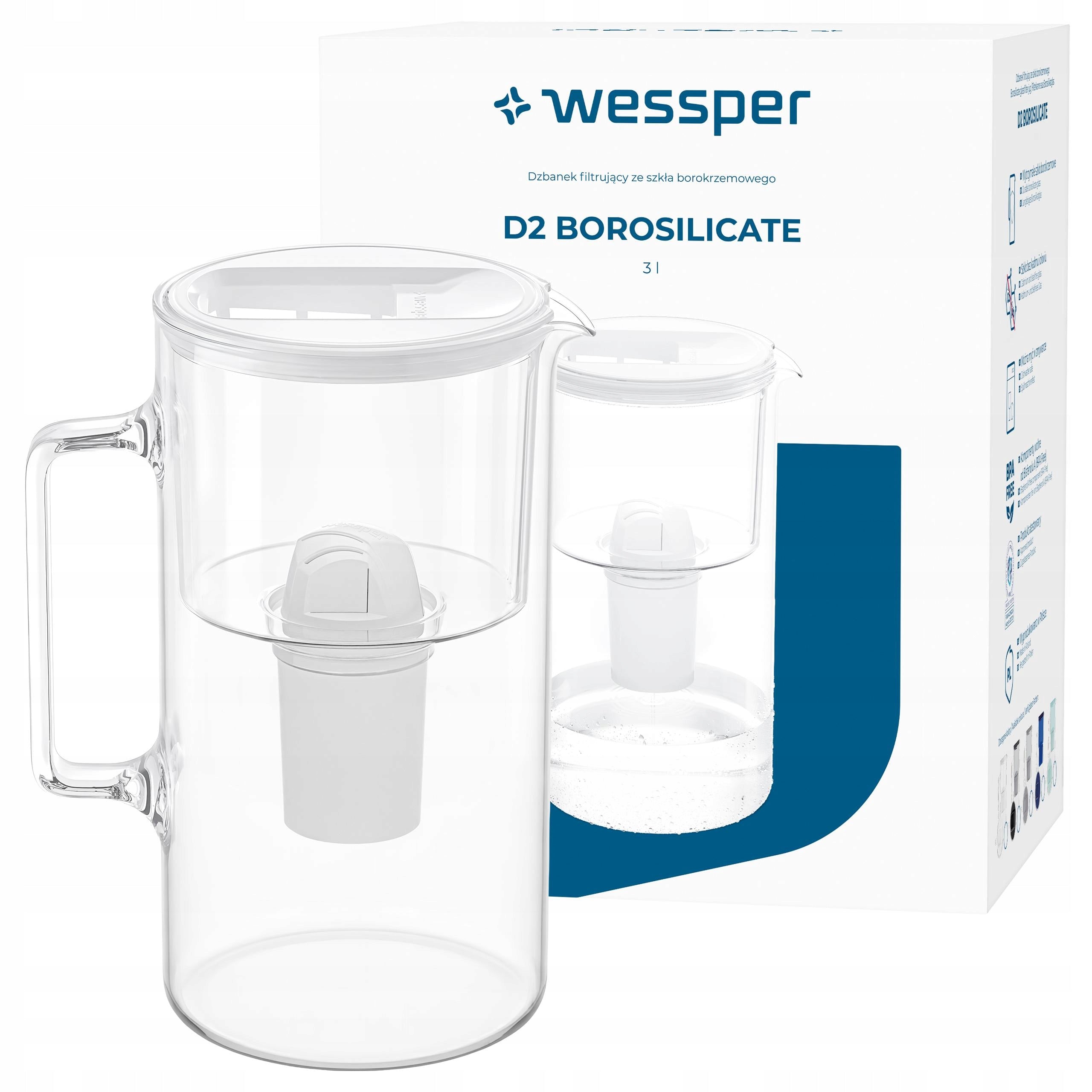 Glass filter jug Wessper 3l White + 1x Aquaclassic filter