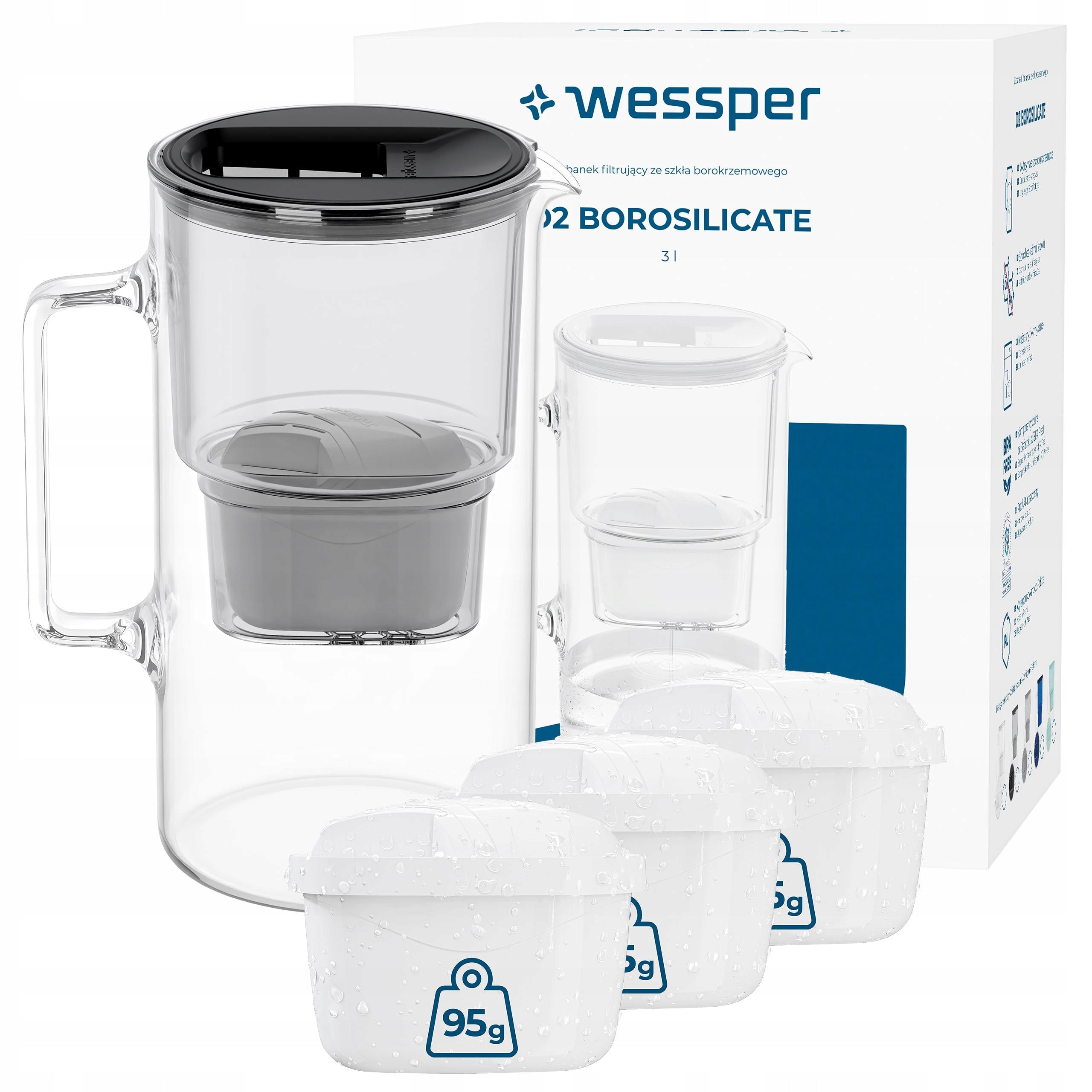 Glass filter jug Wessper D2 Borosilicate 3l black + 4x filter