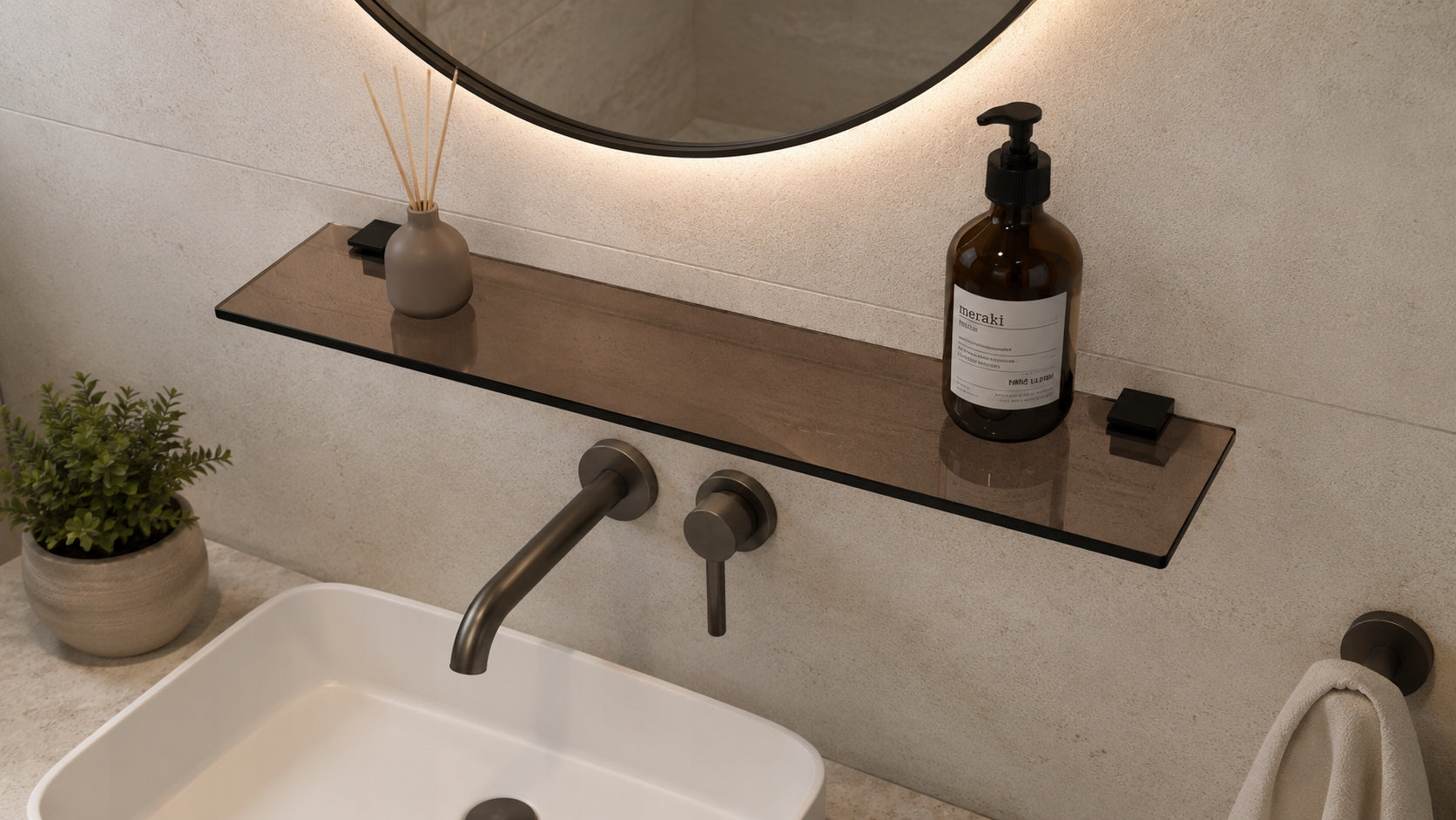 Glass shelf brown smoky 8mm 60x14cm black handles Brand RAL