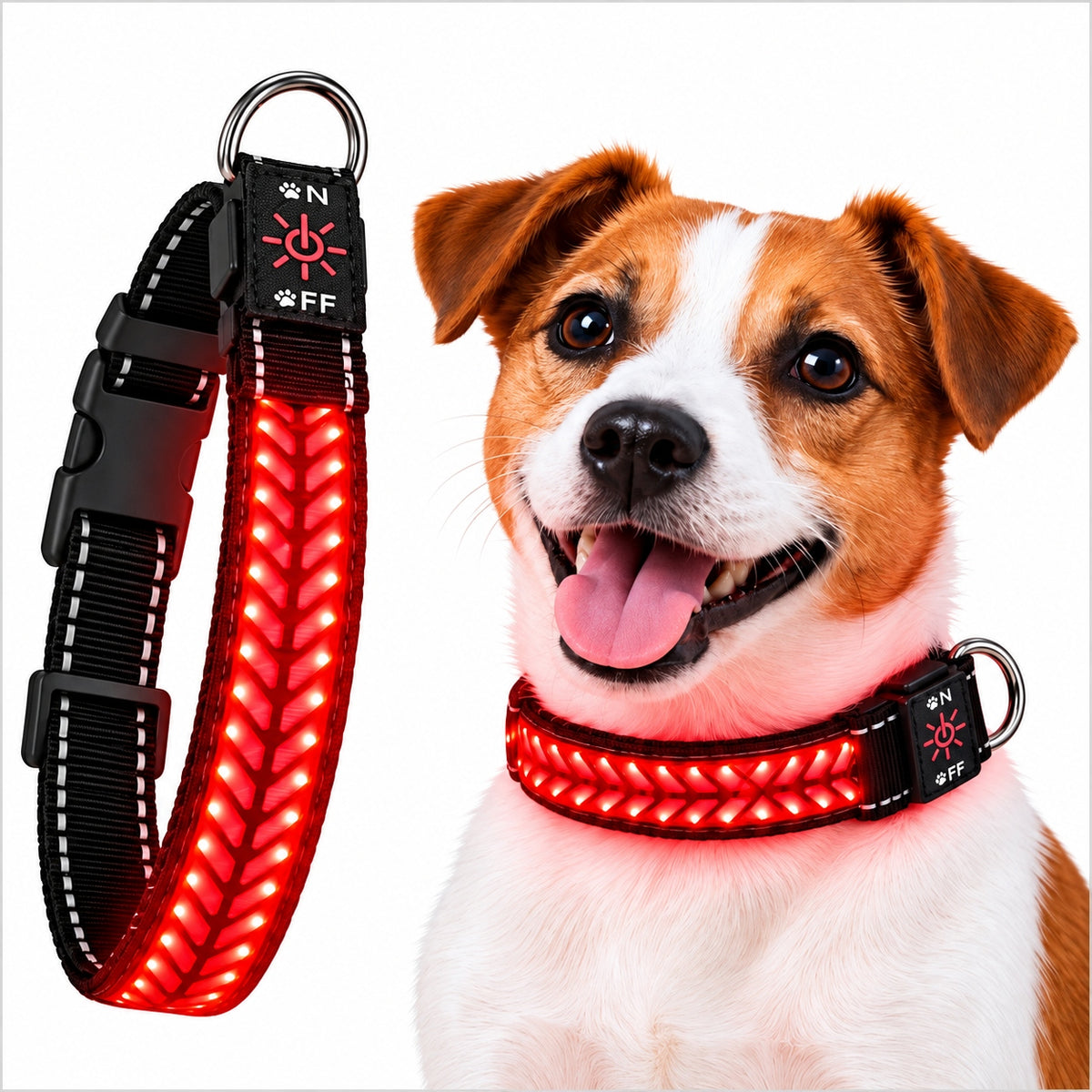 Glowing LED Dog Collar 3 Light Modes, Size M, Red Herringbone