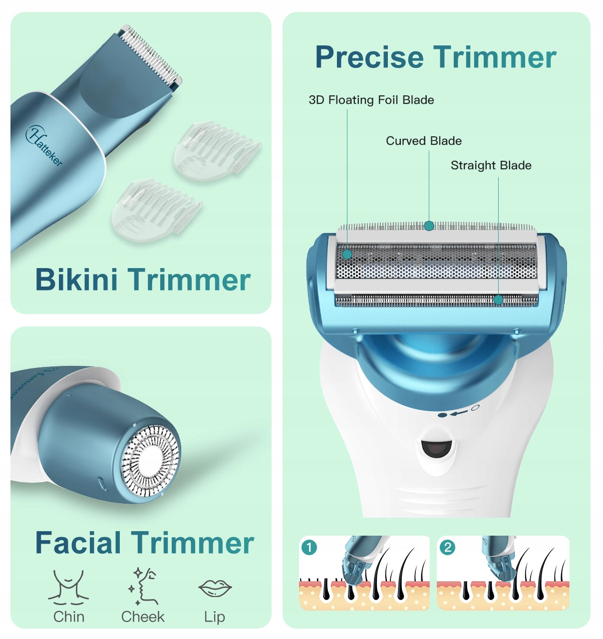 Golarka dla kobiet HATTEKER Trymer bikini depilator do twarzy 3w1 Niebieski Manufacturer code RFC-578