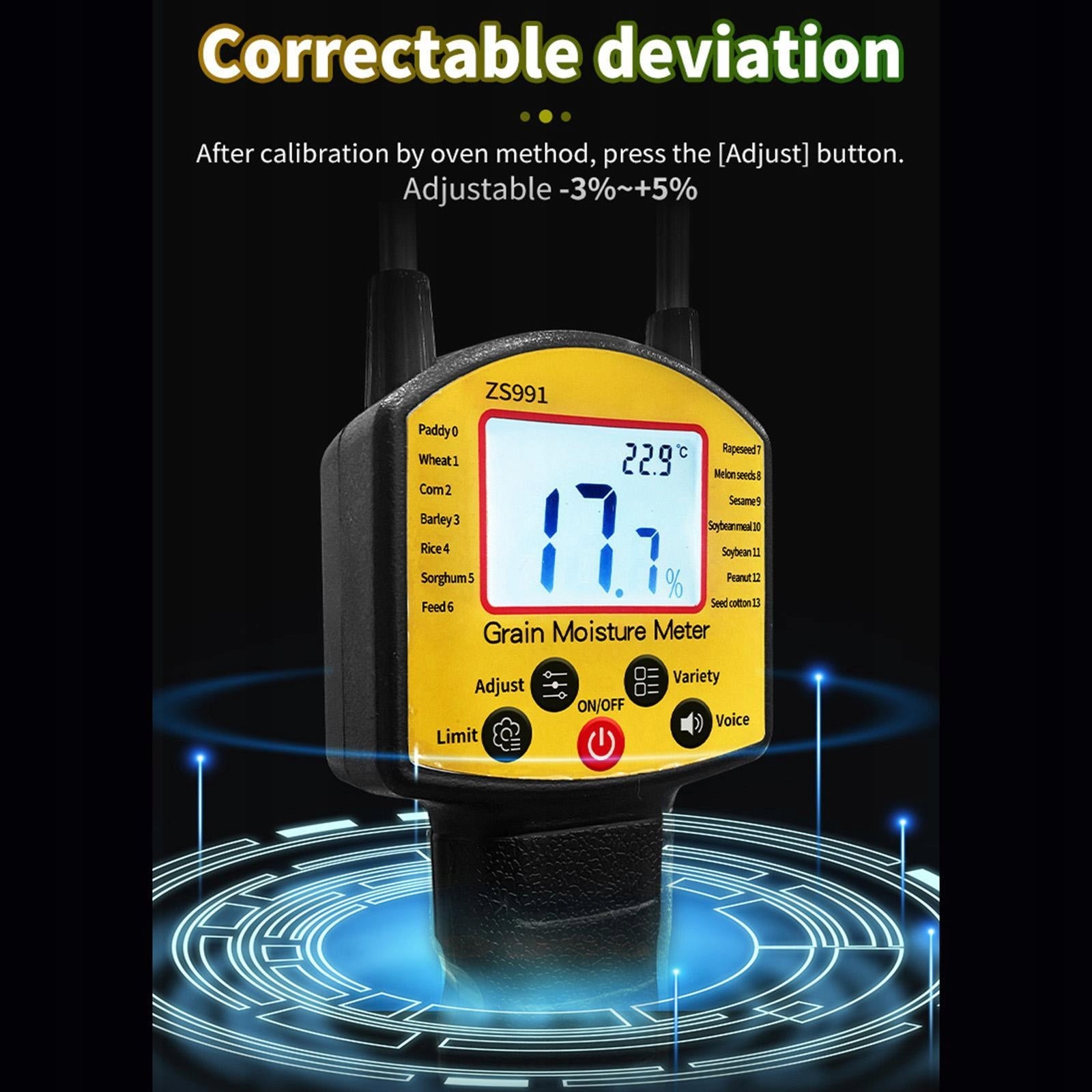 Grain Moisture Meter Double Measuring Probe Analyzer LCD Backlit Display Maximum depth of measurement for copper and non-ferrous metals 1 mm