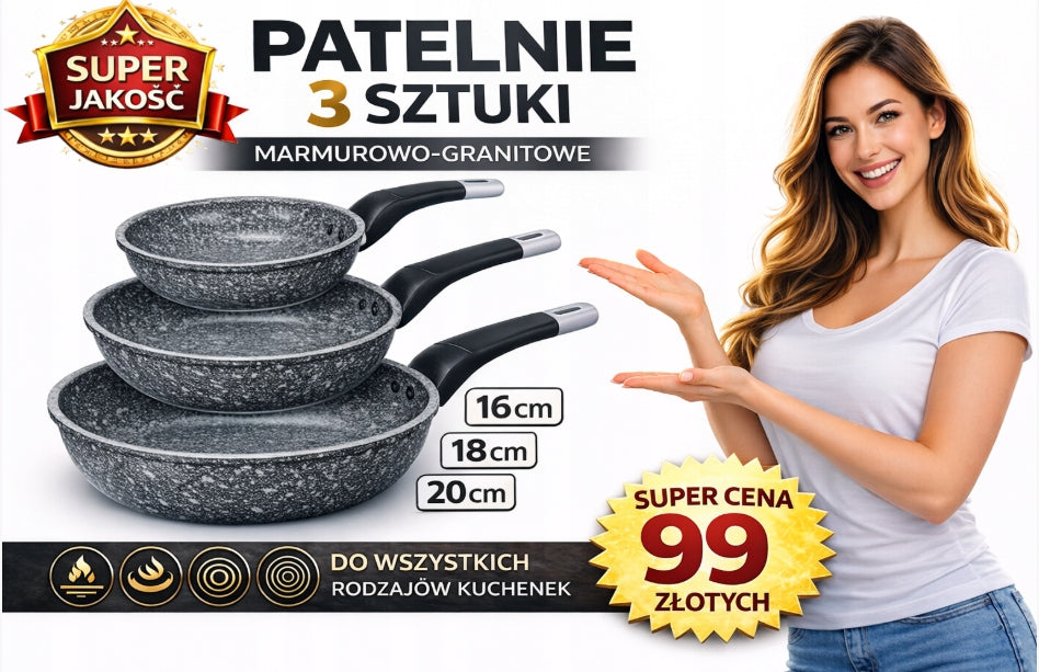 Granite pans set of 3 pcs 16 18 20 cm non-stick induction gas